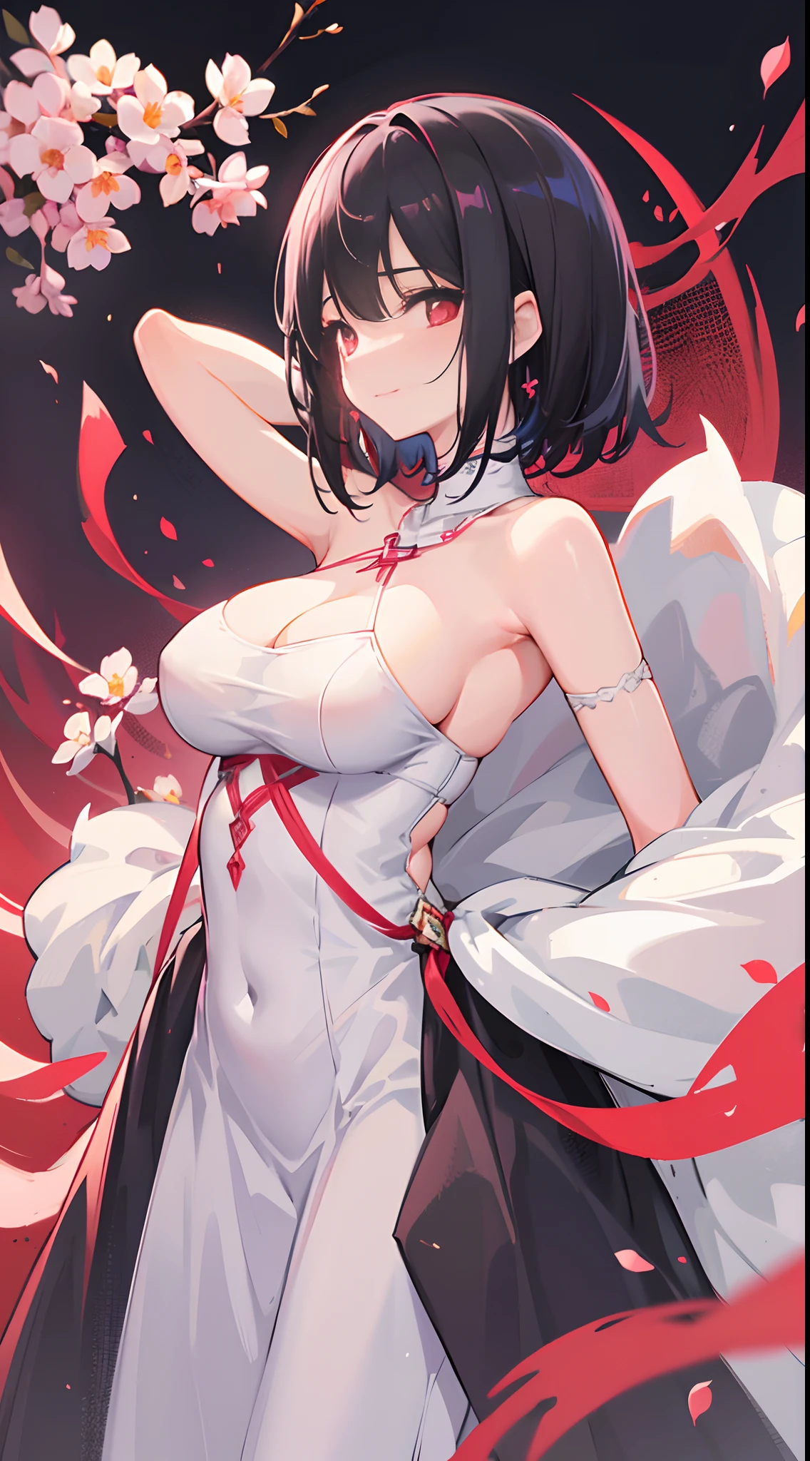 A woman with short black hair and pink-red eyes.......Wear a white dress..... Slim profile, Fair-skinned, large boobs, He blushed slightly......., Close your eyes and smile brightly.........On Mobile, white flower
