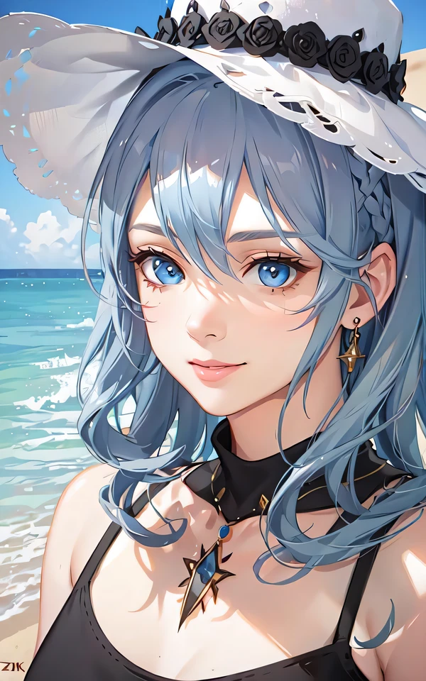 (masterpiece, finely detailed beautiful eyes: 1.2), (light-blue hair:1.2), (Zaffre eyes color:1.1), long hair, straight hair, (black tank top:1.2), realistic lighting, beautiful lighting, raytracing, photorealistic, (hyperrealistic:1.2), highres, 4k, 8k, (extremely detailed CG, 8k wallpaper:1.1), extremely detailed, sharp, digital illustration, detailed, realism, beautiful face, highly detailed face, ultra-realistic, masterpiece, detailed eyes, hyper-detailed, volumetric lighting, realistic shadows, intricate details, small details, cheerful, smile, (white hat:1.2), silver_necklace, high heels, (on the beach:1.2),