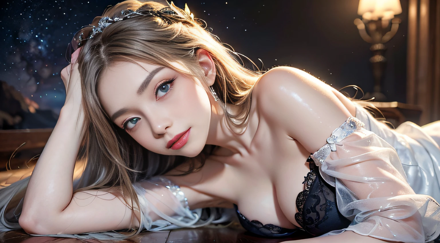 1 girl, Blonde gray hair, Straight hair, Spread hair, Long hair, PUPILS SPARKLING, long eyelashes, Blue eyes, makeup, Smile, Color Field Painting, Contemporary art, Northern Renaissance, Blurred, blending, From below, From Side, the panorama, ultra wide-angle, Wide Angle, F/1.8, 135 mm, canon, nffsw, retinas, masutepiece, Elaborate, Anatomically correct, Skin Texture, Super Detail, high detailing, High quality, hight resolution, 1080p, hard disk, 4K, 8K, of the highest quality, (Translucent off-the-shoulder immaculate white dress), (Beautiful woman lying on a wide floor), Sexy Pose (Full of stars in the background, Milky Way Galaxy), (Full of stars in the background, Milky Way Galaxy),(Black lace panties)
