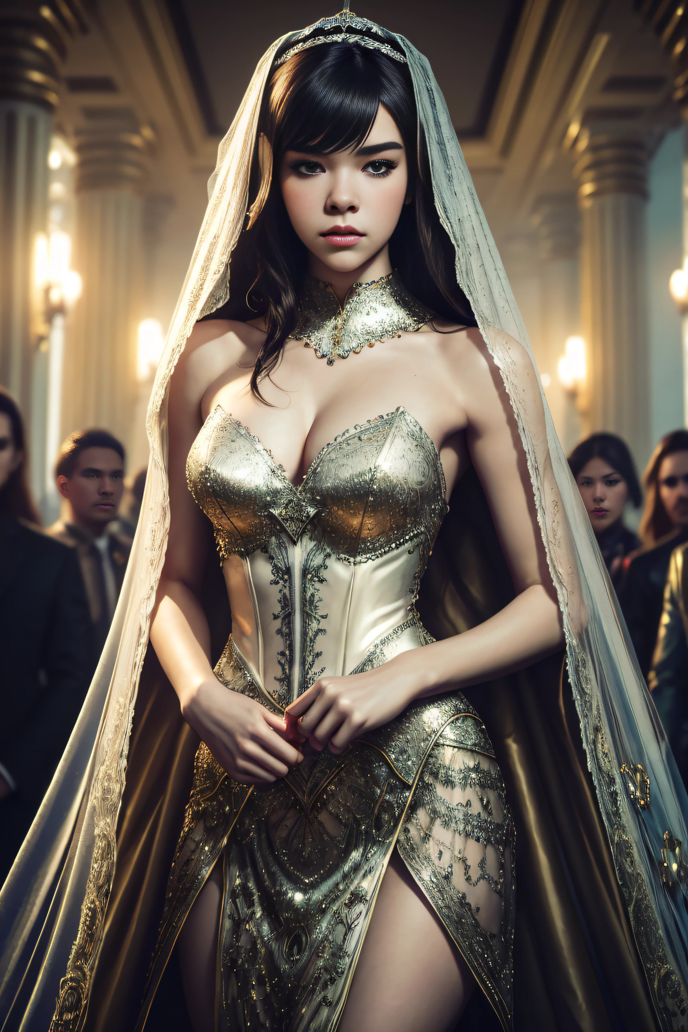 Hailee Steinfeld, wearingelegant veil bride sexy clothes, standing inside a crowded ballroom, character portrait, 3 9 9 0 s, short hair, intricate, elegant, highly detailed, digital painting, artstation, concept art, smooth, sharp focus, illustration, art by wlop, charlie bowater and alexandra fomina