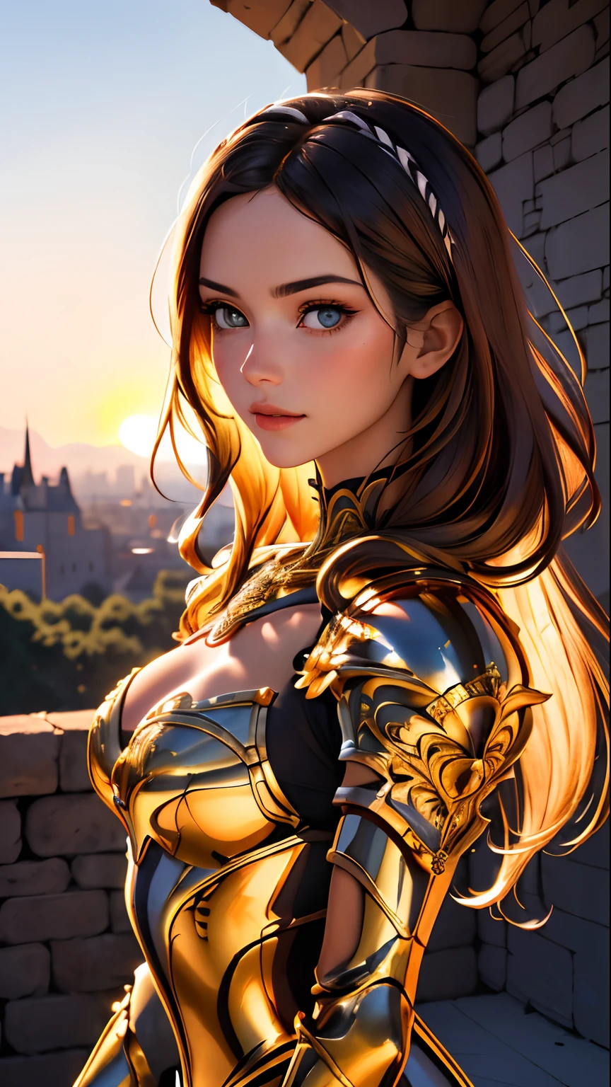 portrait of a girl, la plus belle du monde, (Medieval Gold Armor), metal reflections, Haut du corps, dehors, intense sunlight, far away castle, professional photograph of a stunning woman detailed, parfait bobbed sexy intense cheveux noirs, mise au point nette, dramatique, award winning, lighting cinematic, volumetrics dtx, (grain du film, blured background, premier plan flou, Bokeh, profondeur de champ, coucher de soleil,interaction, cotte de mailles parfaite), (Masterpiece), (extremely intricate:1.3), (ultra realist),