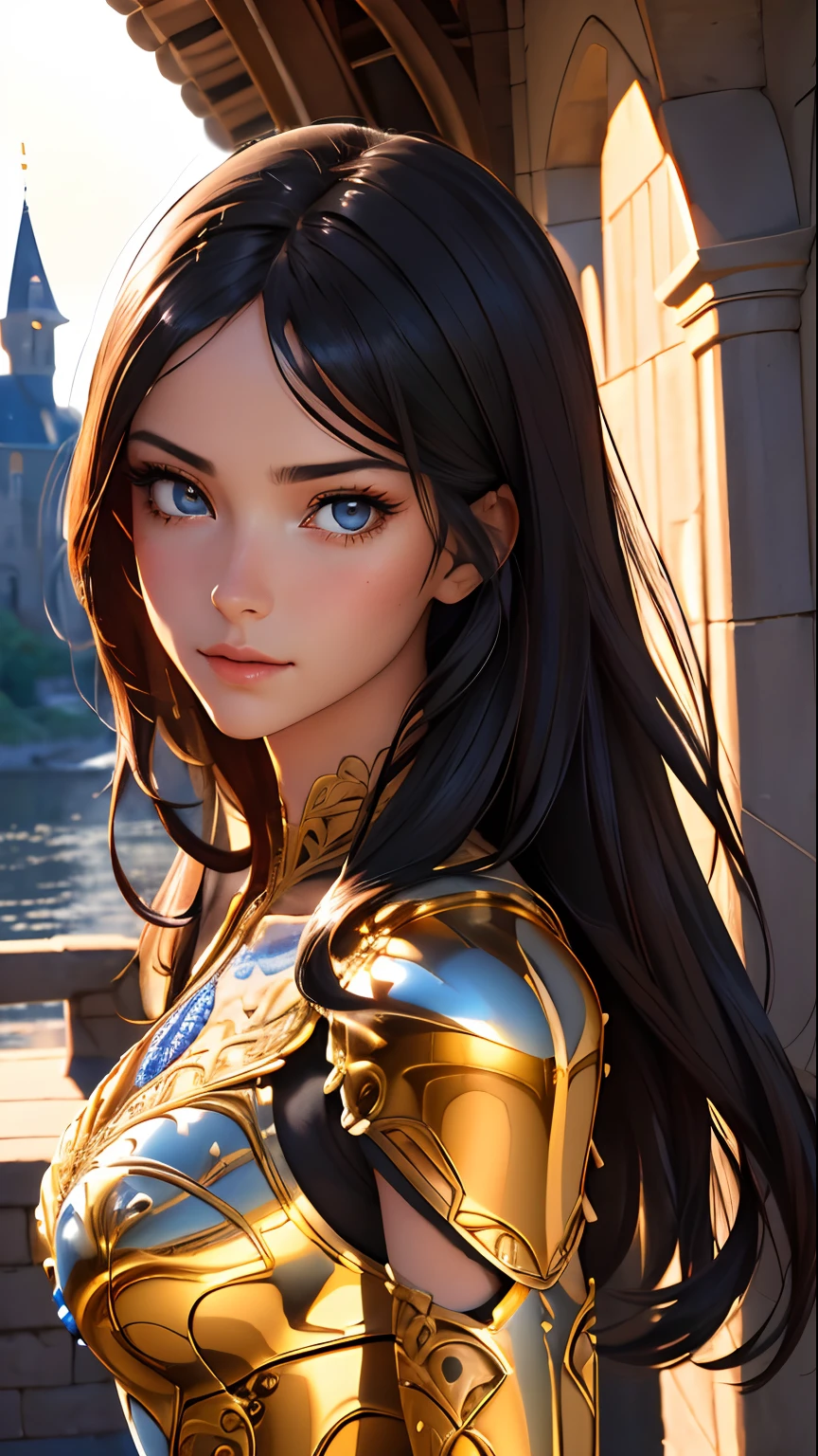 portrait of a girl, la plus belle du monde, (Medieval Gold Armor), metal reflections, Haut du corps, dehors, intense sunlight, far away castle, professional photograph of a stunning woman detailed, parfait bobbed sexy intense cheveux noirs, mise au point nette, dramatique, award winning, lighting cinematic, volumetrics dtx, (grain du film, blured background, premier plan flou, Bokeh, profondeur de champ, coucher de soleil,interaction, cotte de mailles parfaite), (Masterpiece), (extremely intricate:1.3), (ultra realist),