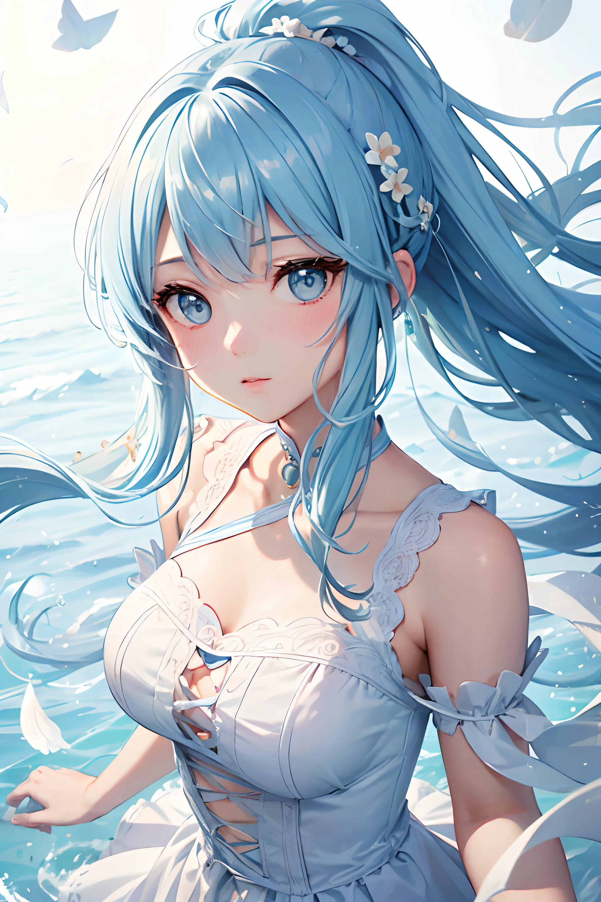 (masterpiece), (best quality), (ultra detailed),(disheveled hair),(illustration), (1girl), full body, (Fashionable clothing), standing, Fashion model, looking at viewer, (interview), (simple background),beautiful detailed eyes, delicate beautiful face, Floating,(high saturation),(colorful splashes),colorful bubble,(shining), focus on face, ponytail, kamisato ayaka, light blue hair, bangs, hair ring, floating flowers, floating hairs, (shining), best lighting, best shadow,