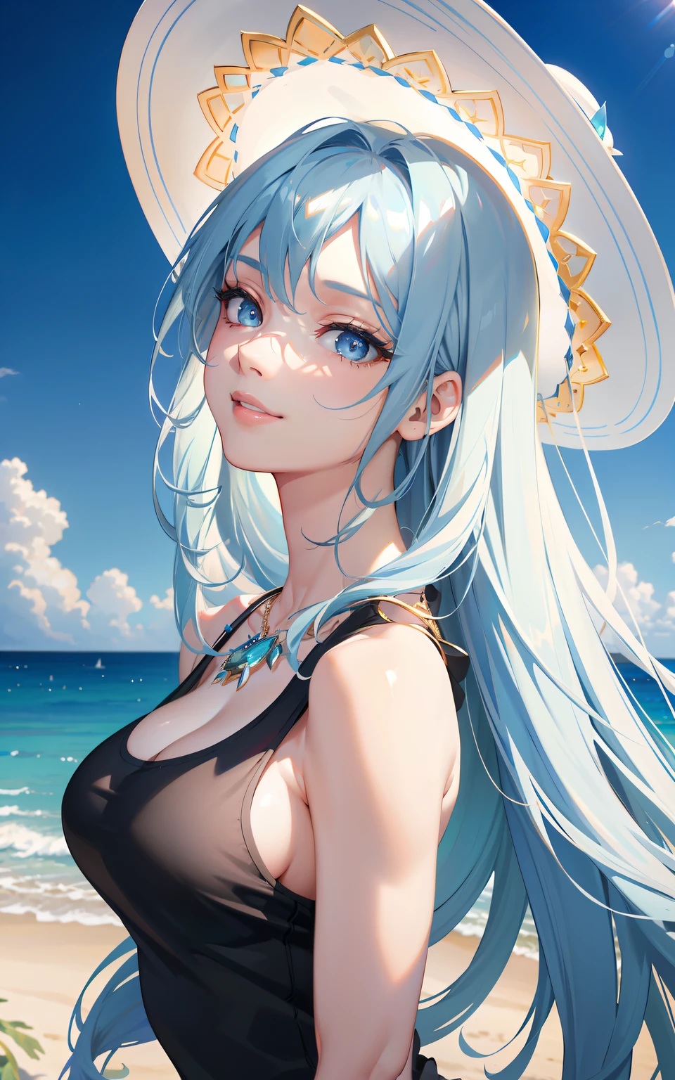 (Masterpiece, Elaborate Beautiful Eyes: 1.2), (Light Blue Hair: 1.2), (Zephyr's Eye Color: 1.1), Long Hair, Straight Hair, (Black Tank Top: 1.2), Realistic Lighting, Beautiful Lighting, Ray Tracing, Photorealistic, (Hyperrealistic: 1.2), High Resolution, 4K, 8K, (Highly Detailed CG, 8K Wallpaper: 1.1), Very elaborate and sharp digital illustrations, detail, realism, beautiful faces, very elaborate faces, ultra-realistic, masterpieces, detailed eyes, super detail, volume lighting, realistic shadows, intricate details, details, cheerful, smile, (white hat: 1.2)), silver necklace, high heels, (On the Beach: 1.2),