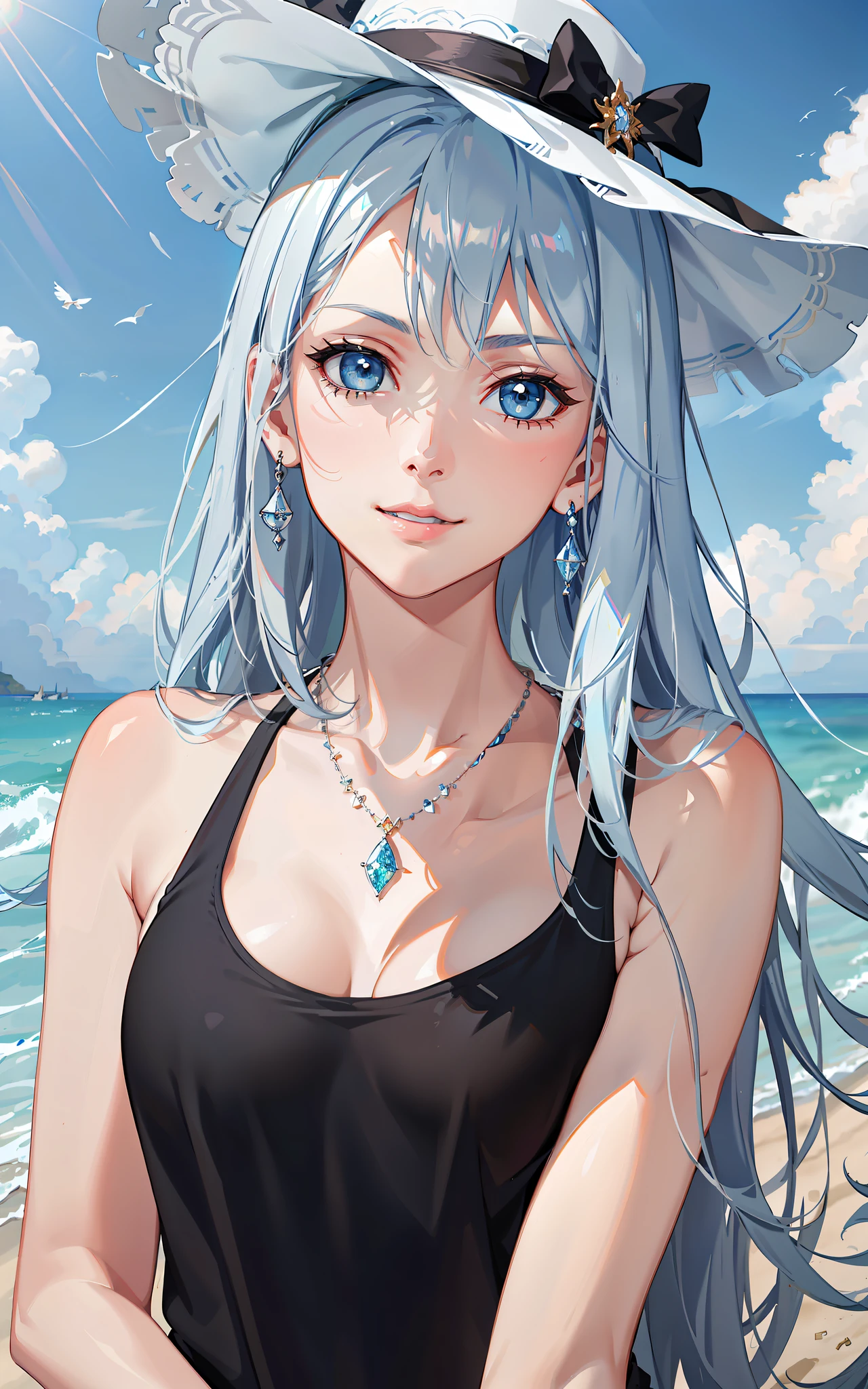 (masterpiece, finely detailed beautiful eyes: 1.2), (light-blue hair:1.2), (Zaffre eyes color:1.1), long hair, straight hair, (black tank top:1.2), realistic lighting, beautiful lighting, raytracing, photorealistic, (hyperrealistic:1.2), highres, 4k, 8k, (extremely detailed CG, 8k wallpaper:1.1), extremely detailed, sharp, digital illustration, detailed, realism, beautiful face, highly detailed face, ultra-realistic, masterpiece, detailed eyes, hyper-detailed, volumetric lighting, realistic shadows, intricate details, small details, cheerful, smile,  (white hat:1.2), silver_necklace, high heels, (on the beach:1.2),