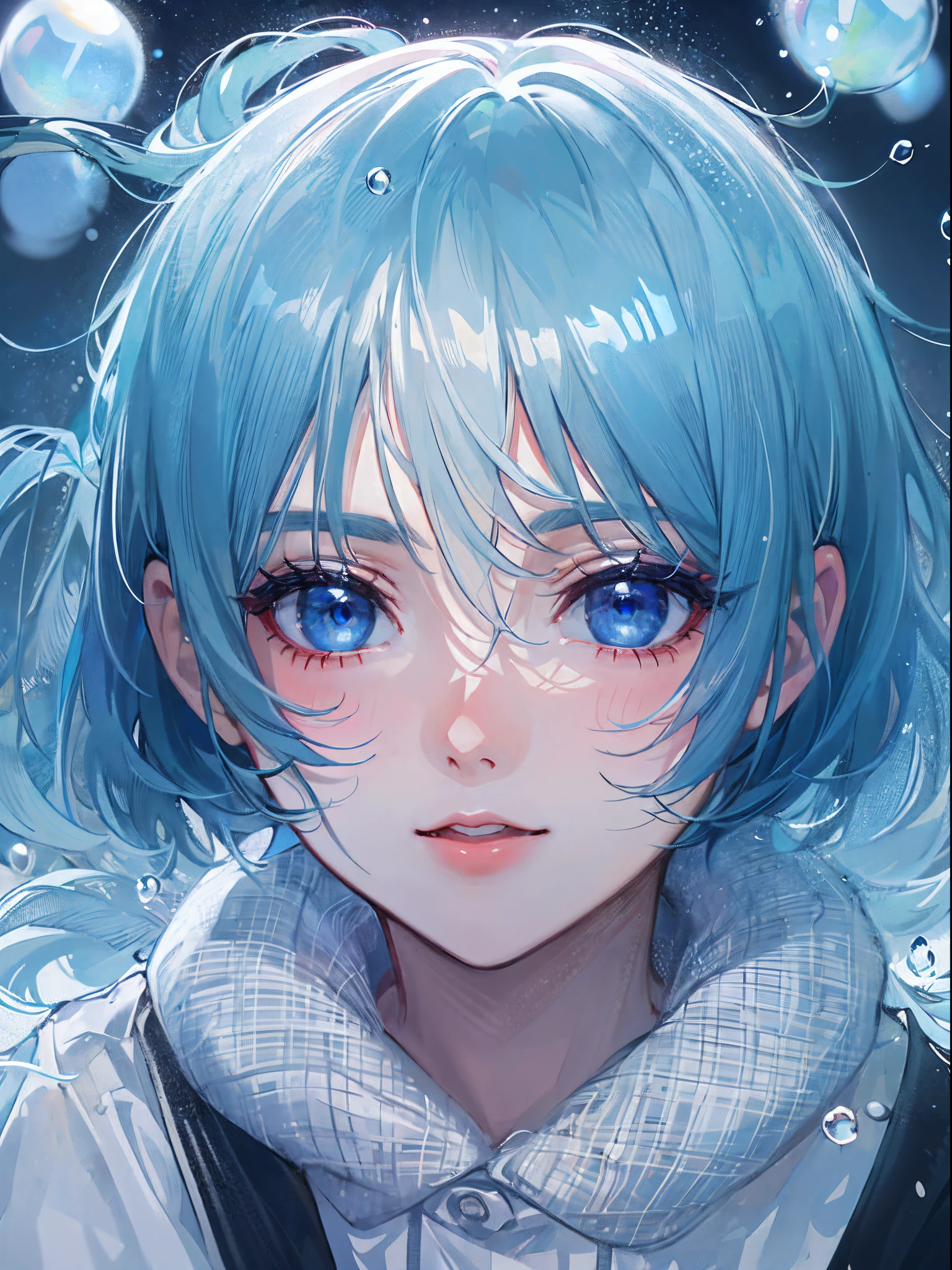 ((top-quality)), ((masterpiece)), ((ultra-detailliert)), (extremely delicate and beautiful), girl with, 独奏, cold attitude,((Black jacket)),She is very(relax)with the(Settled down)Looks,A dark-haired, depth of fields,evil smile,Bubble, under the water, Air bubble,bright light blue eyes,Inner color with light blue hair and dark blue tips,Cold background,Bob Hair - Linear Art, shortpants、knee high socks、White uniform like school uniform、Light blue ribbon ties、Clothes are sheer、Hands in pockets