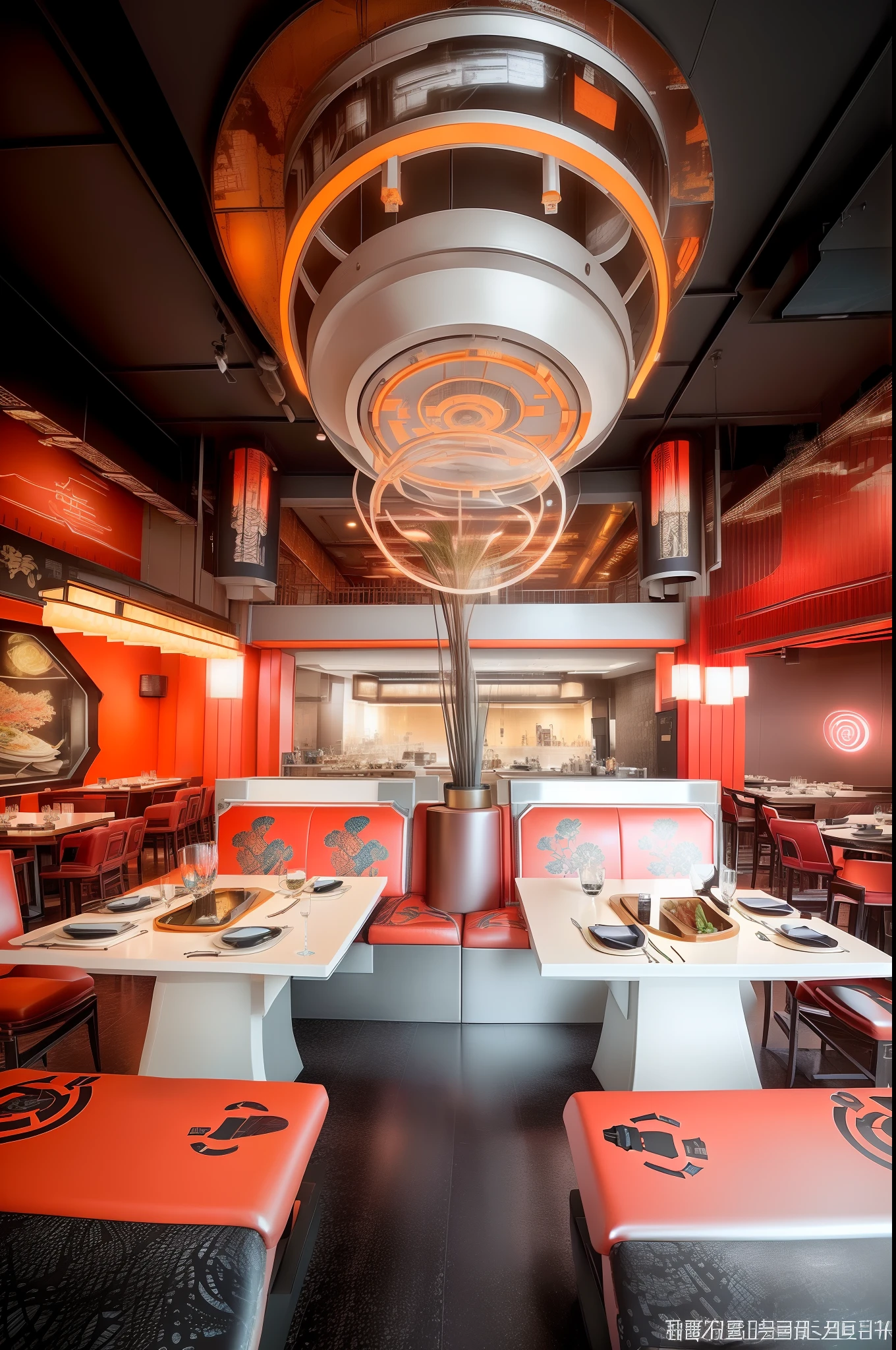 ultraclear,4k,There is a Taiji sauerkraut fish restaurant,There are a lot of tables and chairs inside, restaurant interior photography, china city,bladerunner, Sauerkraut fish, ghost in the shell geisha robot, author:Derek Zabroki, author:William Bella, Futurist style,Marvel Universe painting decoration