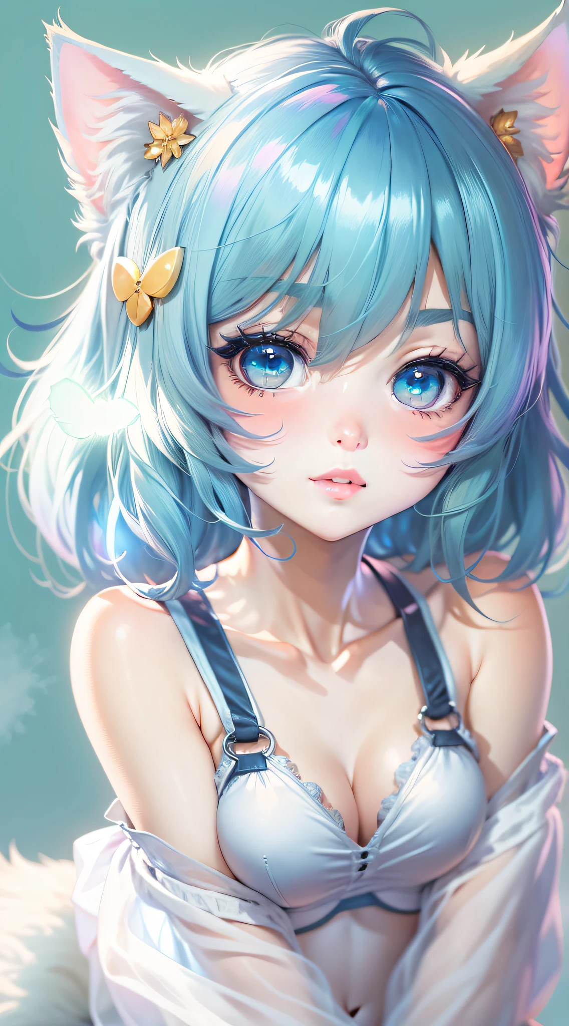 Blue-haired girl, cute anime catgirl, anime catgirl, beautiful anime catgirl, anime girl with cat ears, anime moe art style, Very beautiful anime cat girl, Wearing a white bikini,Soft anime illustration, anime visual of a cute girl, in an anime style, Cute anime style, anime in fantasy style, nekomimi