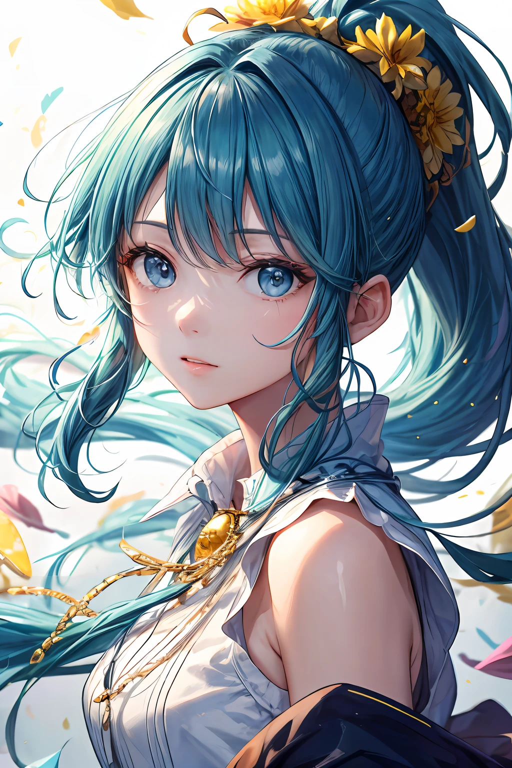 (masterpiece), (best quality), (ultra detailed),(disheveled hair),(illustration), (1girl), (Fashionable clothing), standing, Fashion model, looking at viewer, (interview), (simple background),beautiful detailed eyes, delicate beautiful face, Floating,(high saturation),(colorful splashes),colorful bubble,(shining), focus on face, ponytail, kamisato ayaka, light blue hair, bangs, hair ring, floating flowers, floating hairs, (shining), best lighting, best shadow,