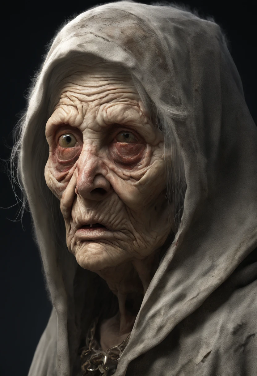 Very old woman, It looks like a corpse, Half of the face was deformed, Angry look, short white-hair, Pale wrinkled skin, yellow pupils, Curved posture, Piercings and evil gaze, Long Black Cloak, ripped clothing, Crow's feather cloak on the back, The left side of the body is covered with a bandage and hood, Dark place, Horror, terror, terrifying, suspenseful, wondrous, Horror movie