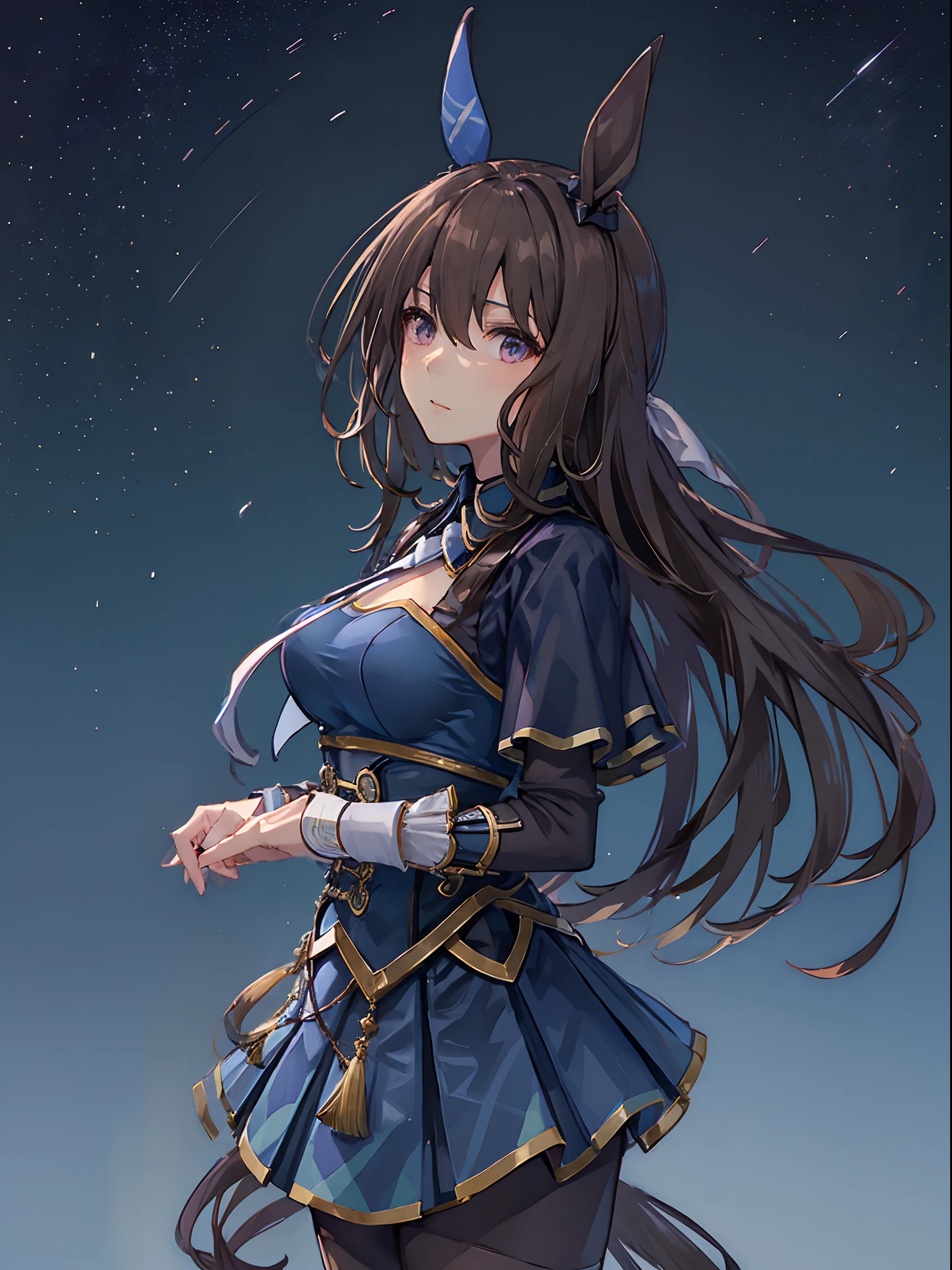 (masutepiece, Best Quality, hight resolution:1.4), 1girll, ((Unity 8k壁纸, Illustration, , Beautiful and delicate detailed girls)), Beautiful breasts, Smile,girl, Long hair, Tea hair, Brown eyes,close-up,against backlight at dusk,, strong rimlight, Intense shading, Beautiful purple sunset on the beach,Long Blue Dress,Leaning forward,、Dark brown hair、Looking to Heaven、Looking up、doa、Horse ears、Horse tail