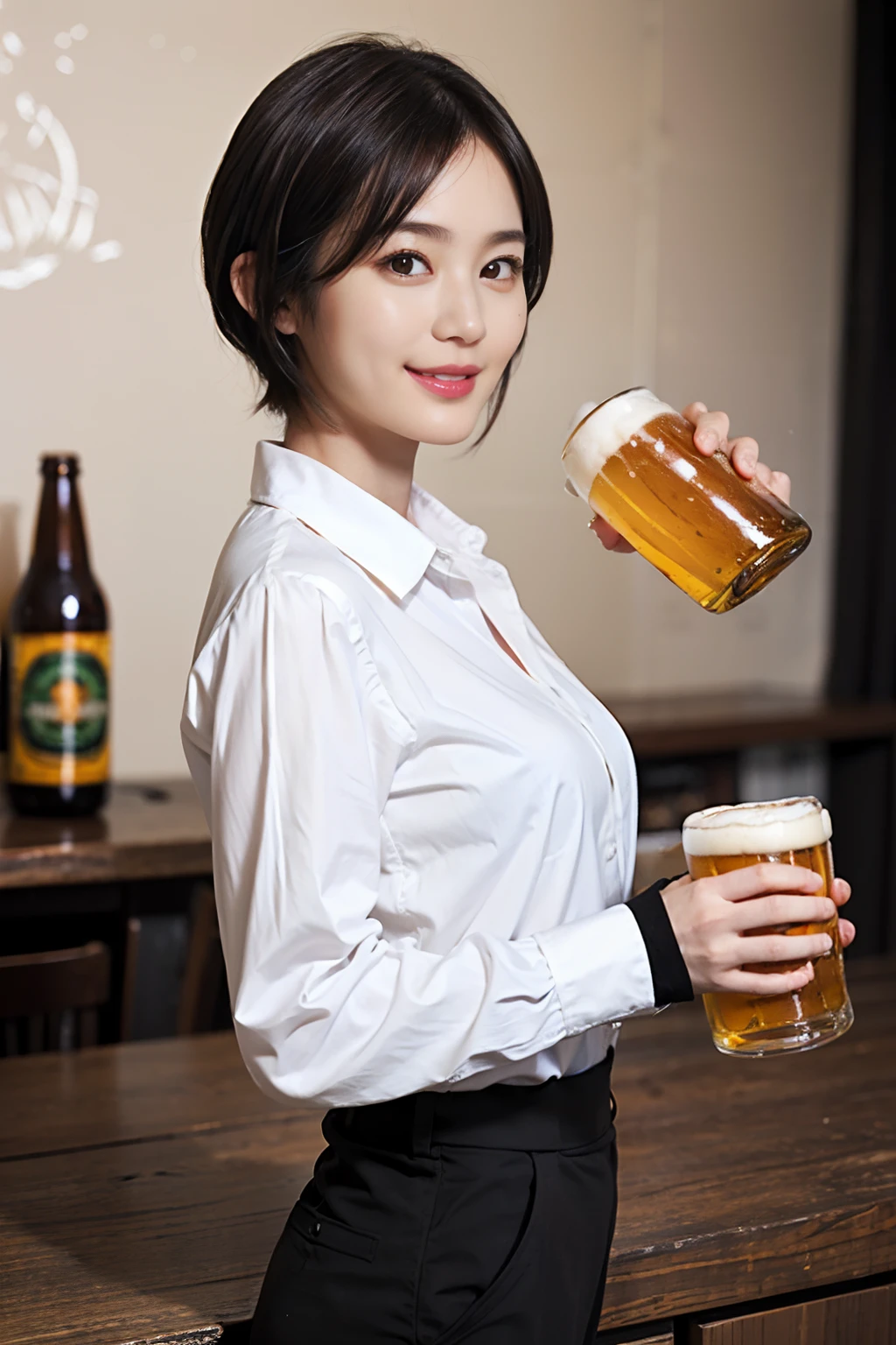 88
(a 20 yo woman,is standing), (A hyper-realistic), (Masterpiece), ((short-hair:1.46)), (Smooth black hair), (breast:1.0), (kindly smile), Wearing long pants, (Wearing a long-sleeved shirt), (Beautiful skin:1.5), (Drinking beer)