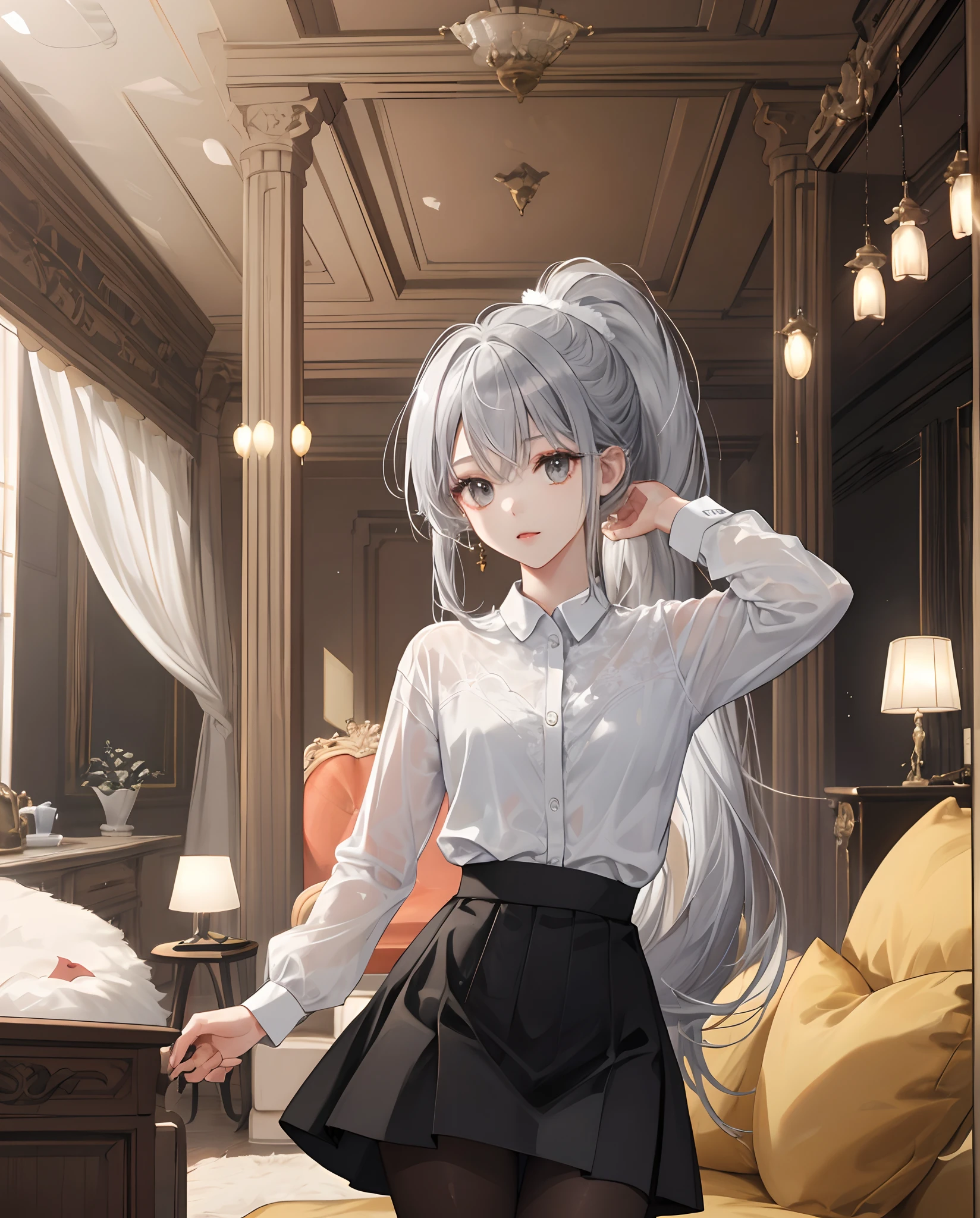 ((1 girl in))、(High detail hyper quality、hight resolution、)、(Exquisite makeup)、{The dim}、(细致背景)、(livingroom)、((fluffy silver hair、Big slender girl with high ponytail))、Avoid blonde eyes in sinister living room、((Girls in white shirts、Black wrinkled skirt、I'm wearing black sheer pantyhose)))、{Shows a slender figure and graceful curves}、(is standing)、(Hands behind the head))、Put your hands behind your head、 (Details of face)、2D Beautiful Girl