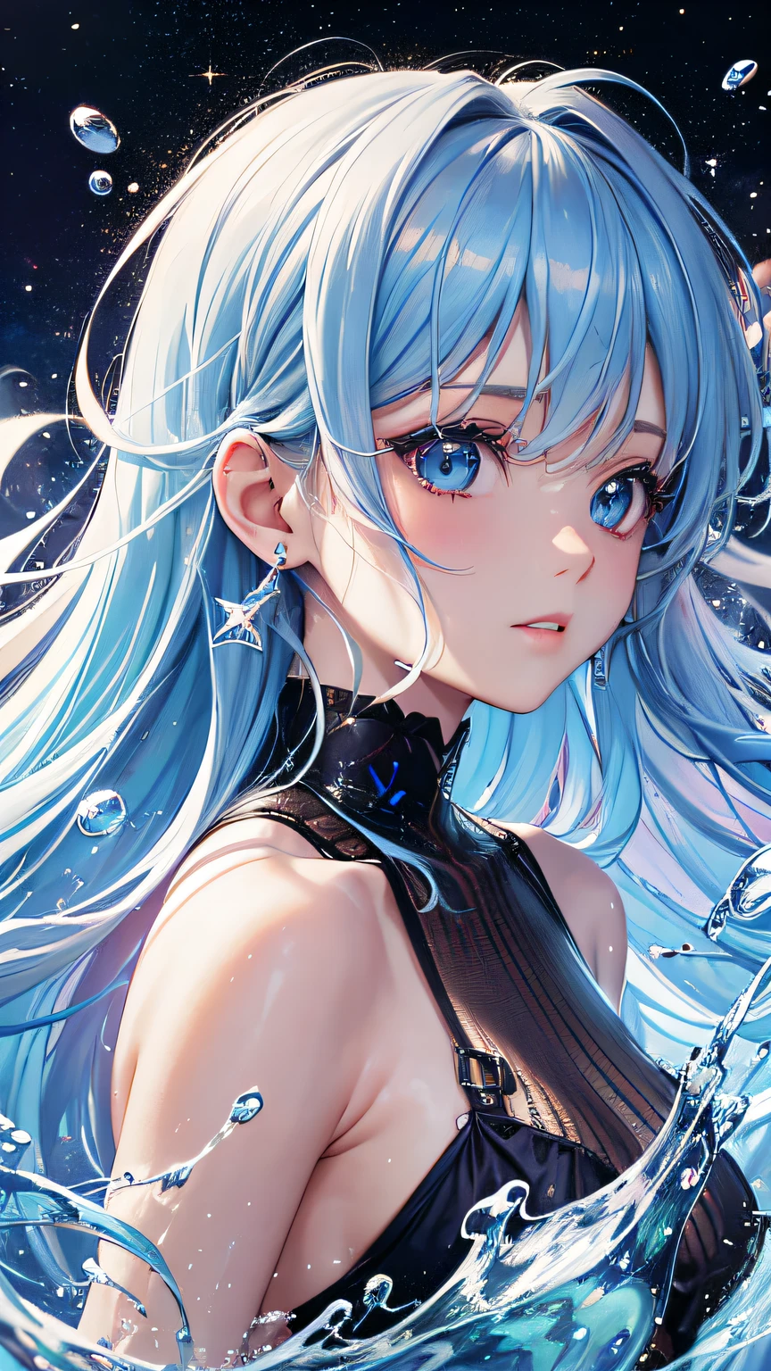 (Masterpiece), (Best Quality), (Ultra Detailed), (Messy Hair), (Illustration), (1 Girl), (Fashion Clothing), Stand, Fashion Model, Looking at the Audience, (Interview),
Water, liquid, clouds, colors, stars, stars,, beautiful delicate eyes, delicate beautiful face, floating, (high saturation), (colorful splashes), colorful bubbles, (shiny), focus on face, ayaka kamisato, light blue hair, bangs, hair ring, anime gaifu, looking at the audience, highly detailed, reflective transparent iridescent color, long transparent iridescent color RGB hair