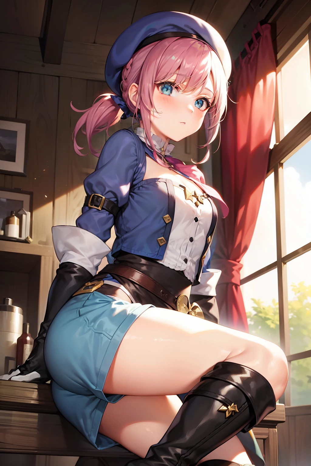 1 girl, ryza, atelier, alchemist, beret, short pants, over knee boots, right hand glove,ment colour hair, ponytail, curly hair,pink hair, blue eyes, big breasts, anime,nsfw
