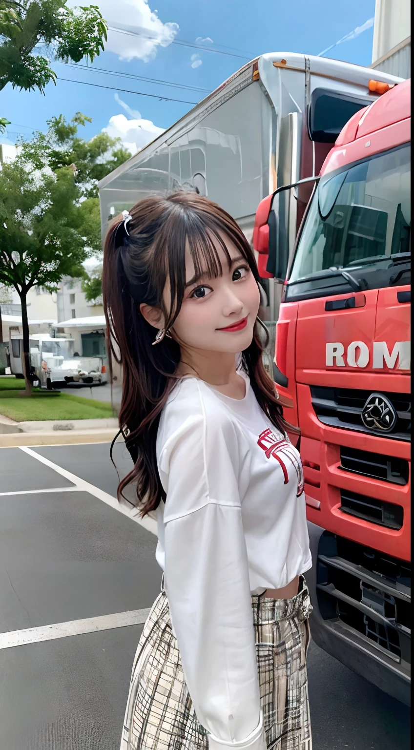 Raw photo、trailer、(Decoration Truck)、There are a lot of trucks lined up behind me、girl with、Fashionable hairstyle、Idol、A smile、Sexy Outfit、