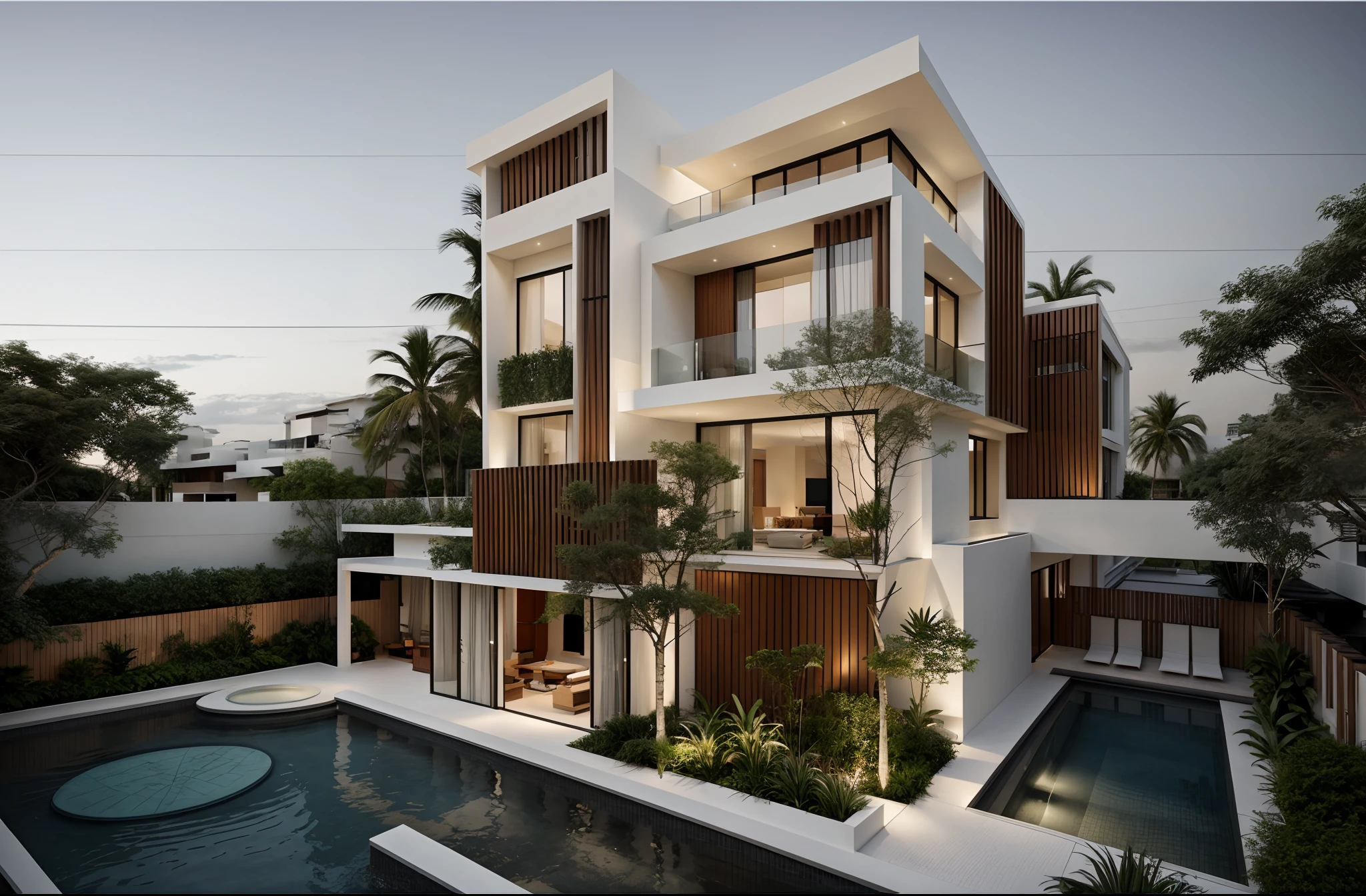 a modern house, located in a quiet area in Vietnam.  The house has a white facade and many windows, creating a harmonious and impressive whole.  The house is built with sustainable materials, the garden is designed in traditional Vietnamese bonsai style,architectural art, architectural illustration, contemporary architecture, monochrome, beautiful and realistic photography, soft lighting, late afternoon chrome drawing, architectural realism, architectural rendering  architecture, architectural sketch, exquisite architecture, beautiful drawing artist, architectural rendering