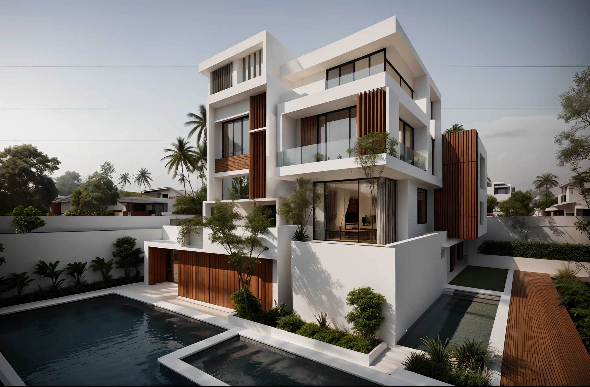 a modern house, located in a quiet area in Vietnam.  The house has a white facade and many windows, creating a harmonious and impressive whole.  The house is built with sustainable materials, the garden is designed in traditional Vietnamese bonsai style,architectural art, architectural illustration, contemporary architecture, monochrome, beautiful and realistic photography, soft lighting, late afternoon chrome drawing, architectural realism, architectural rendering  architecture, architectural sketch, exquisite architecture, beautiful drawing artist, architectural rendering