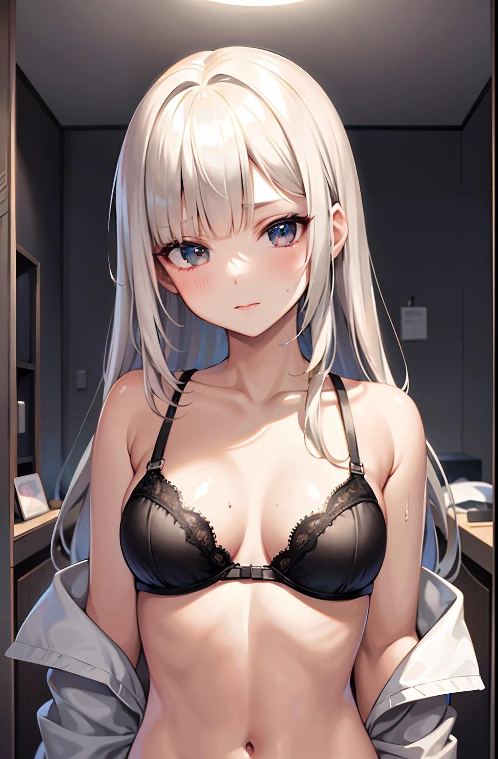 best quality, ultra high res, 1girl, (aegyo sal:1), (platinum blonde hair:1), ((puffy eyes)), looking at viewer, upper body, facing front, best quality, Fair skin, blunt bangs,gladient hair, long hair, brond hair, wet, hair strand, Fair skin, small breasts, gladient hair, slender body, locker room, tits, changing clothes, bra, kissing
