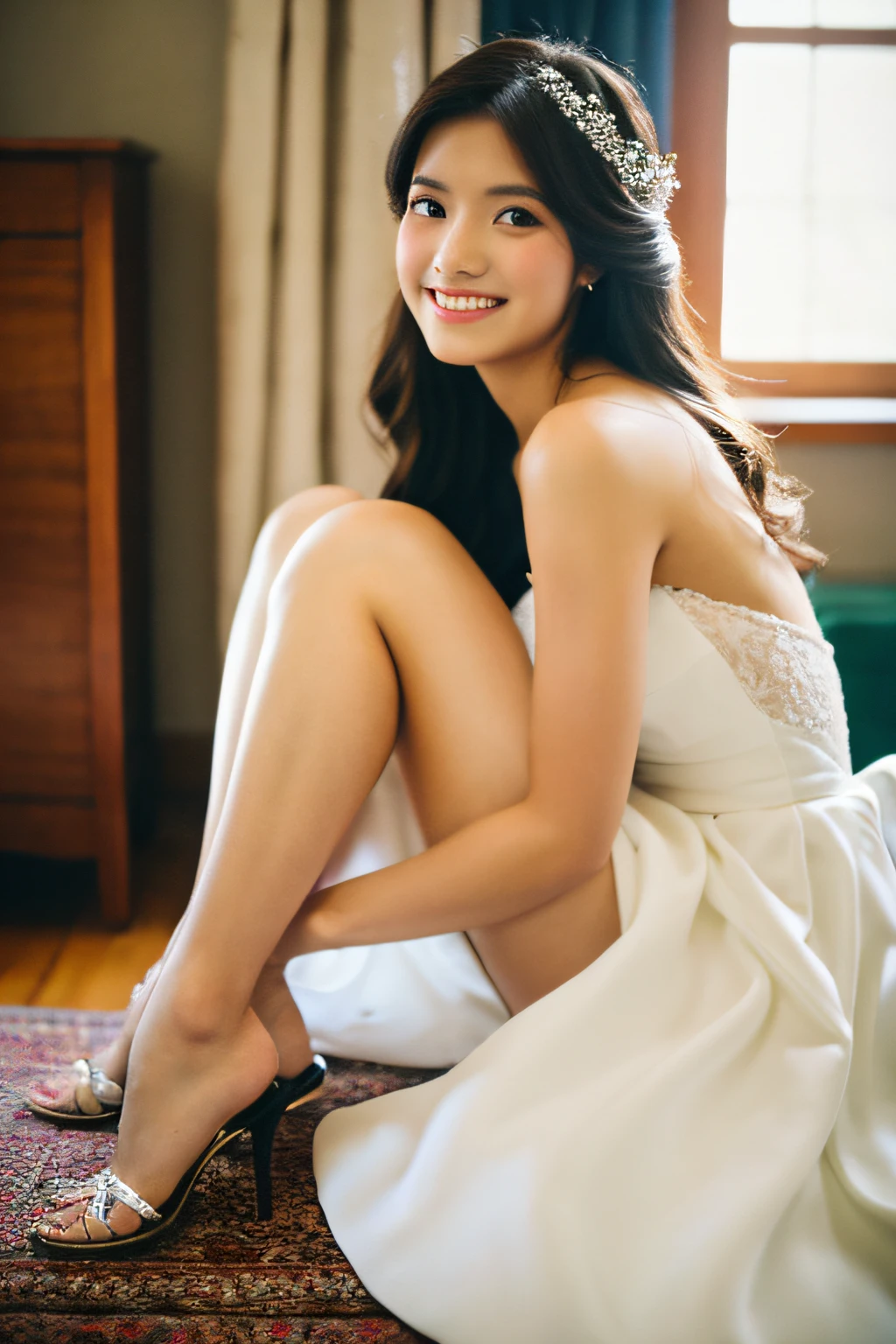 sixteen years old、bride、de pele branca、（beauty legs）、Long、A slight smil、Before the wedding、inside in room、high-detail、high-level image quality