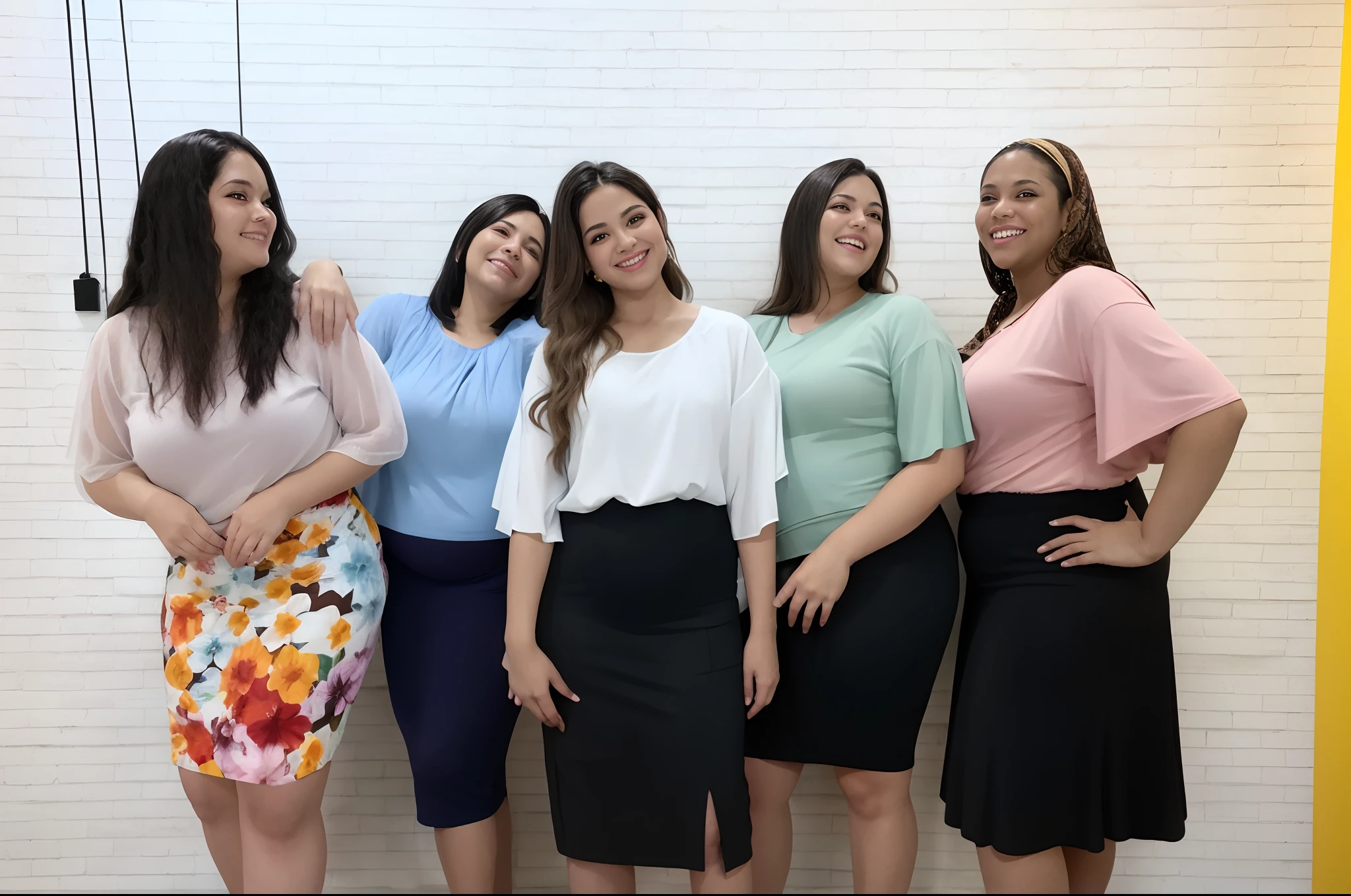 Several women standing in a row smiling and laughing, plus size, plus size, mulher plus size, Latino, by Gina Pellón, by Amelia Peláez, solid background, Fotografia tirada em 2 0 2 0, mulheres bonitas, Directed by: Nandor Soldier, retrato de corpo inteiro de um grupo, roupas diversas, seu madruga