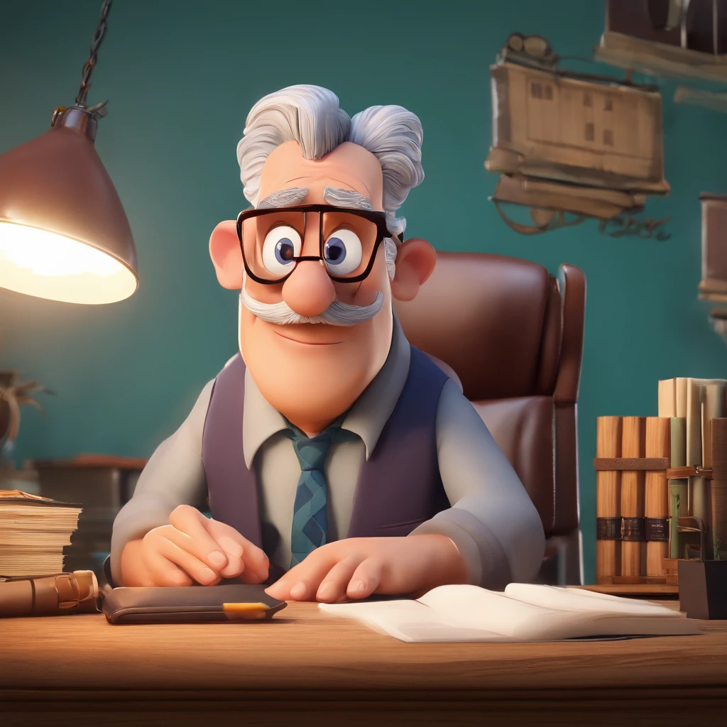 Crie um cartaz inspirado na Disney Pixar com o personagem sendo o pastor Rubens Janier, A gray-haired man wearing glasses, in an office with a Bible on the table