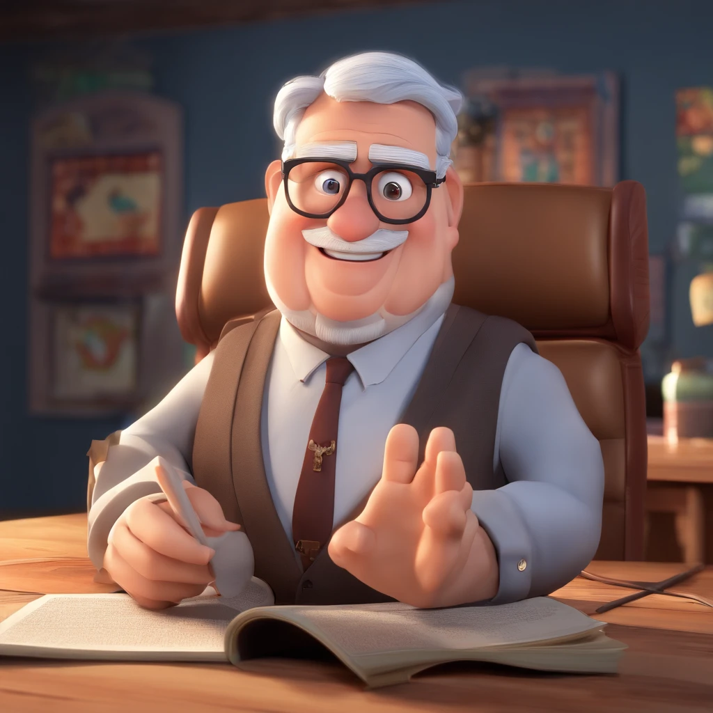 Crie um cartaz inspirado na Disney Pixar com o personagem sendo o pastor Rubens Janier, A gray-haired man wearing glasses, in an office with a Bible on the table