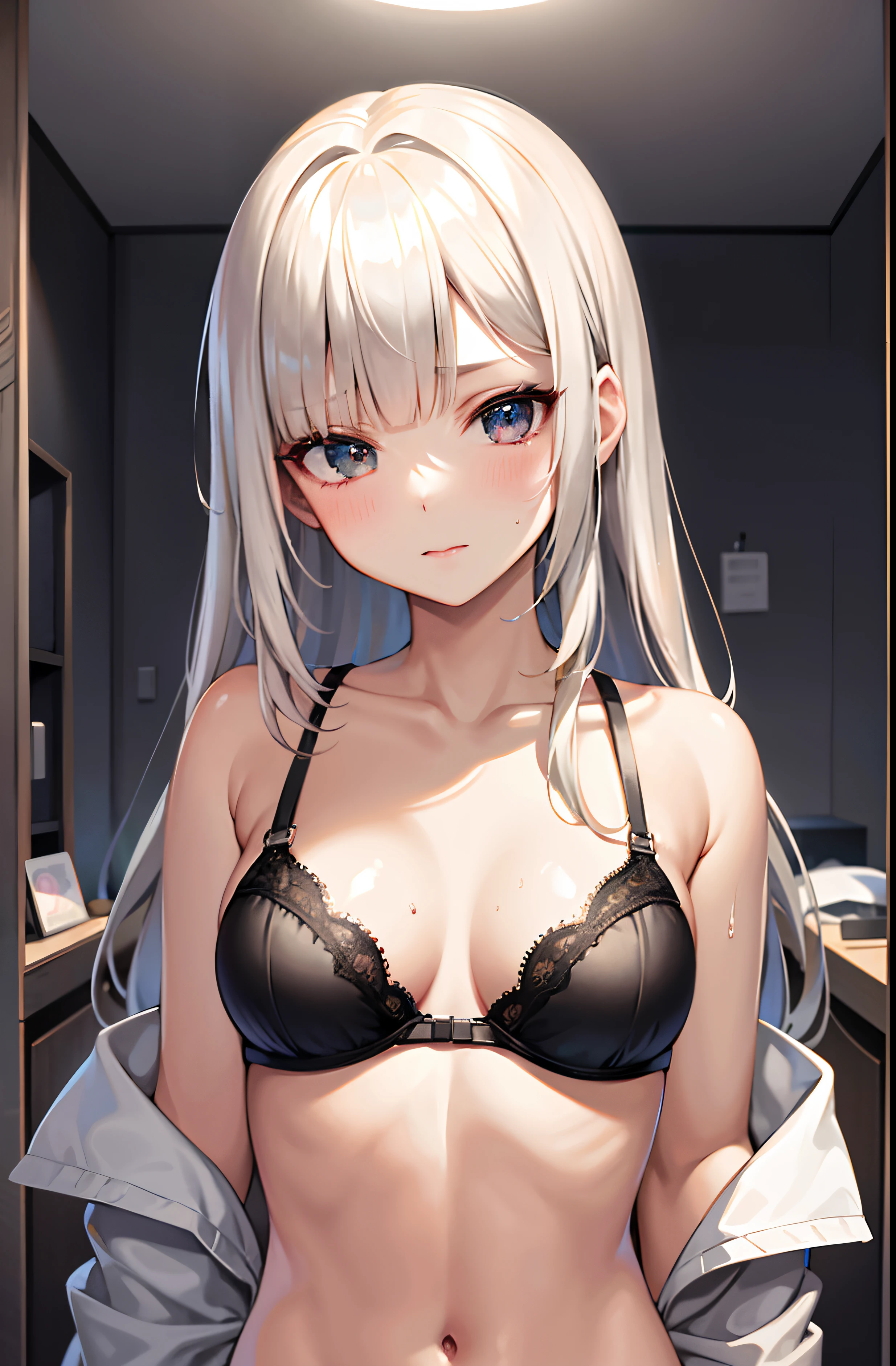 best quality, ultra high res, 1girl, (aegyo sal:1), (platinum blonde hair:1), ((puffy eyes)), looking at viewer, upper body, facing front, best quality, Fair skin, blunt bangs,gladient hair, long hair, brond hair, wet, hair strand, Fair skin, small breasts, gladient hair, slender body, locker room, tits, changing clothes, bra, kissing