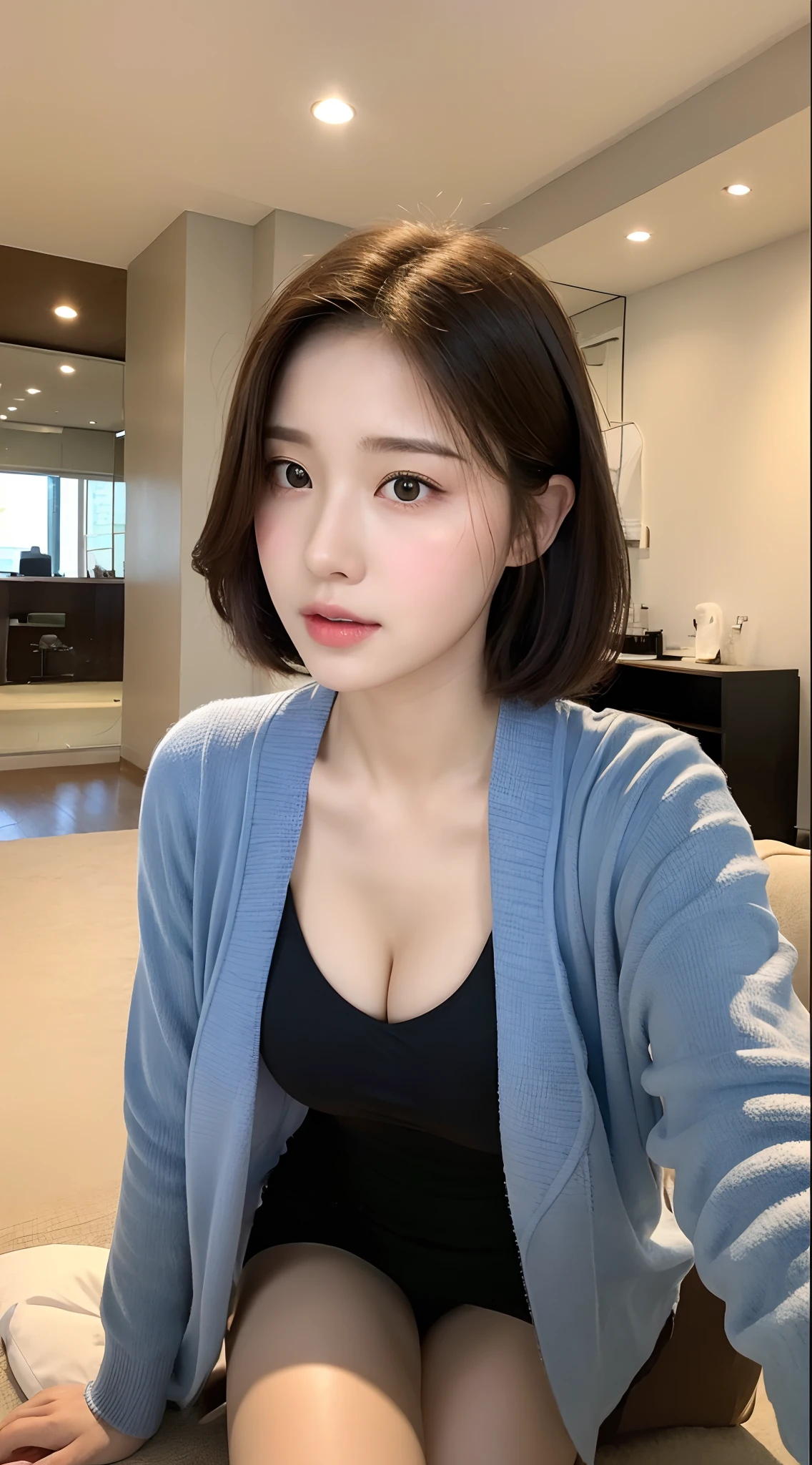 （Lifelike， A high resolution：1.3）， 1 girl with a perfect body， Super fine face and eyes， short detailed hair， Bigboobs，Expose cleavage