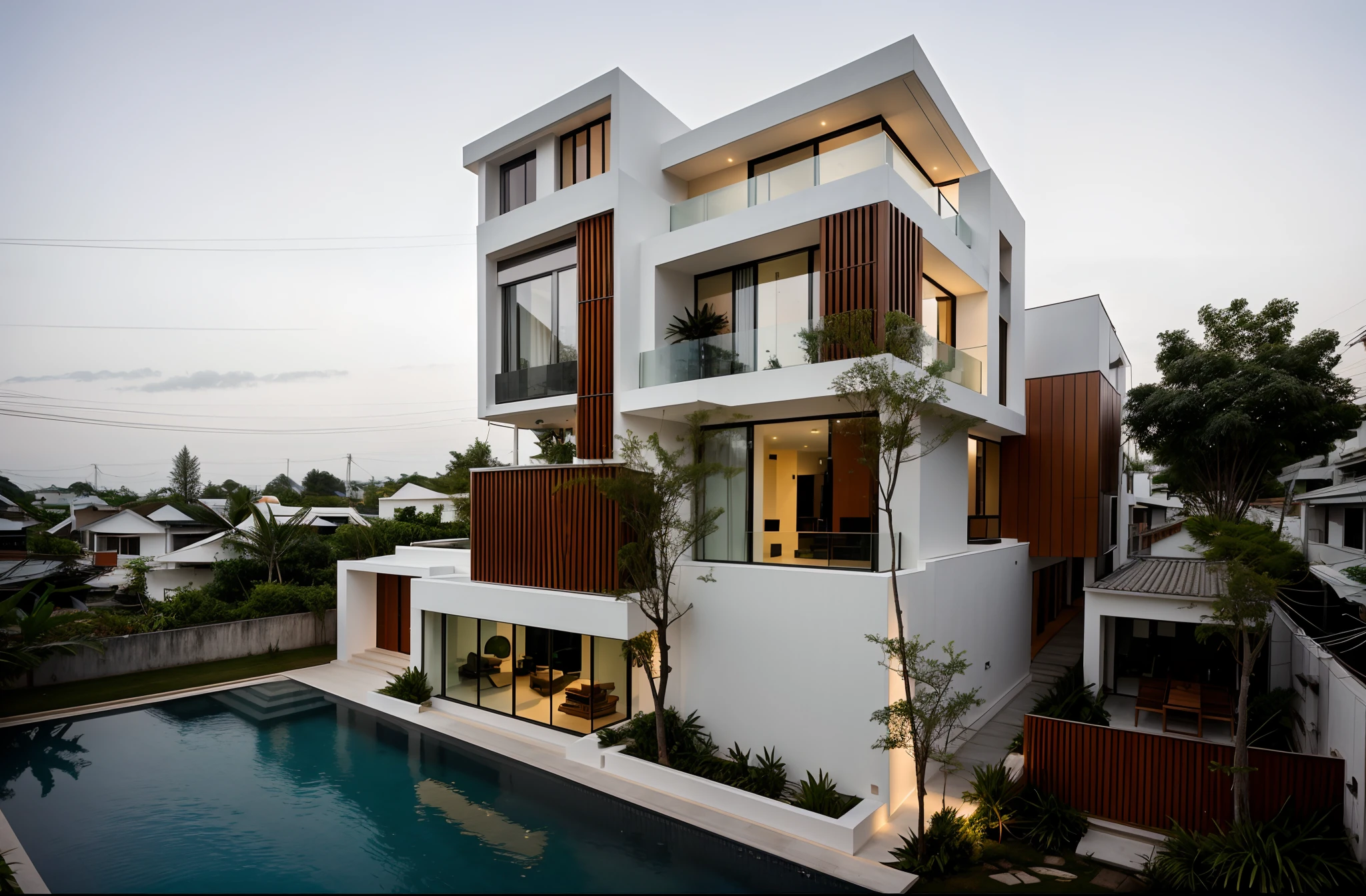 a modern house, located in a quiet area in Vietnam.  The house has a white facade and many windows, creating a harmonious and impressive whole.  The house is built with sustainable materials, the garden is designed in traditional Vietnamese bonsai style