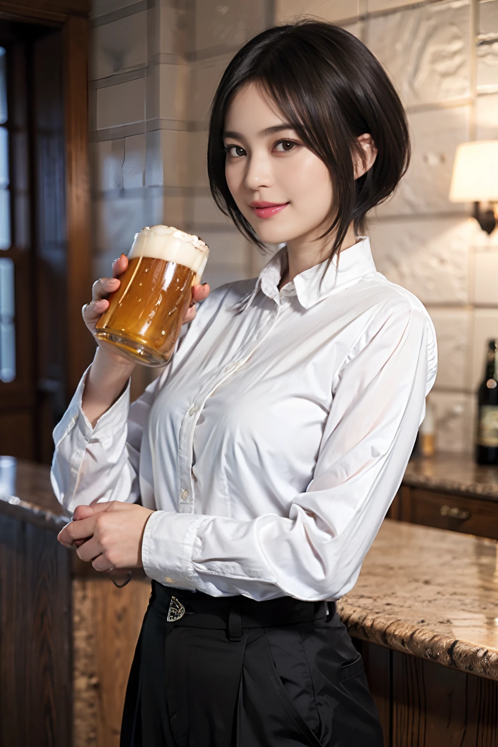 88
(a 20 yo woman,is standing), (A hyper-realistic), (Masterpiece), ((short-hair:1.46)), (Smooth black hair), (breast:1.0), (kindly smile), Wearing long pants, (Wearing a long-sleeved shirt), (Beautiful skin:1.5), (Drinking beer)