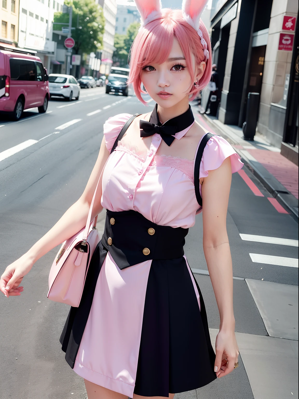 Morning walk、Take a walk around the city、Pink shortcuts、(8K, top-quality, masterpiece:1.2), (realisitic, Photorealsitic:1.37), ultra-detailliert, 1 girl in, full body Esbian, (Adjusted hair:1.5) Officelady, cute little、独奏、Night Hotel、(A smile:1.15)、(Mouth closed)、tiny chest、Eyes in Beautiful Details、Business attire、(short-hair:1.2)、Floating Hair NovaFrogStyle、Hotel Bed、masuter piece、Pink Shortcut Bob、Realistic rabbit ears、Pink realistic rabbit ears、Realistic ears of rabbits sticking out of the head、Pink hair、Beautiful girl in her 20s、Bewitching atmosphere、Beautiful shaped hands、K-POP、Pink rabbit ears、1 girl in、独奏、masterpiece、top-quality、realisitic、Hyper-detailing、absurderes、short pink hair、Slender beauties、动态照明、hight resolution、foco nítido、depth of fields、(thick thight:1.0)、A slender :1.2,((Short-cut bob hair))、((k pop:1.3)),Highly detailed facial and skin texture、((魅惑的)),Anatomically correct number of fingers,Correct anatomy