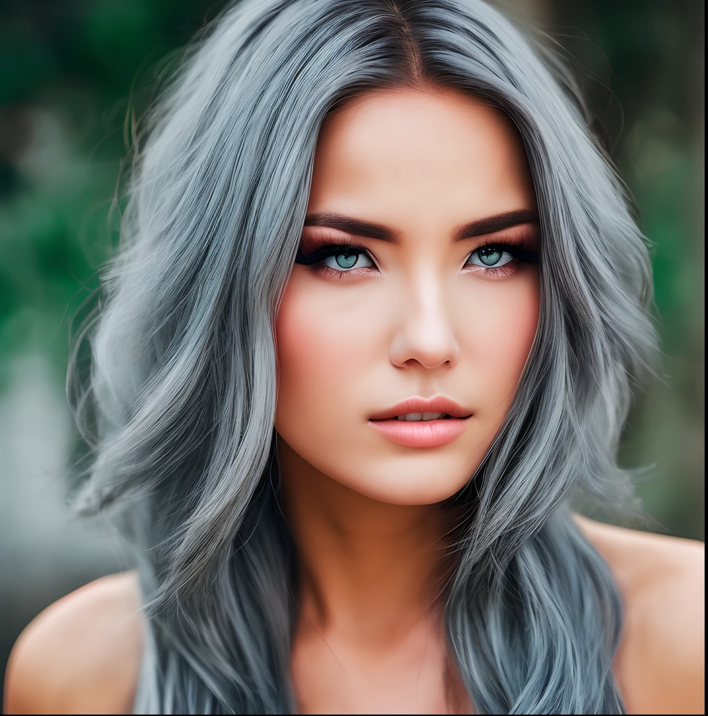 Long gray hair, red eyes