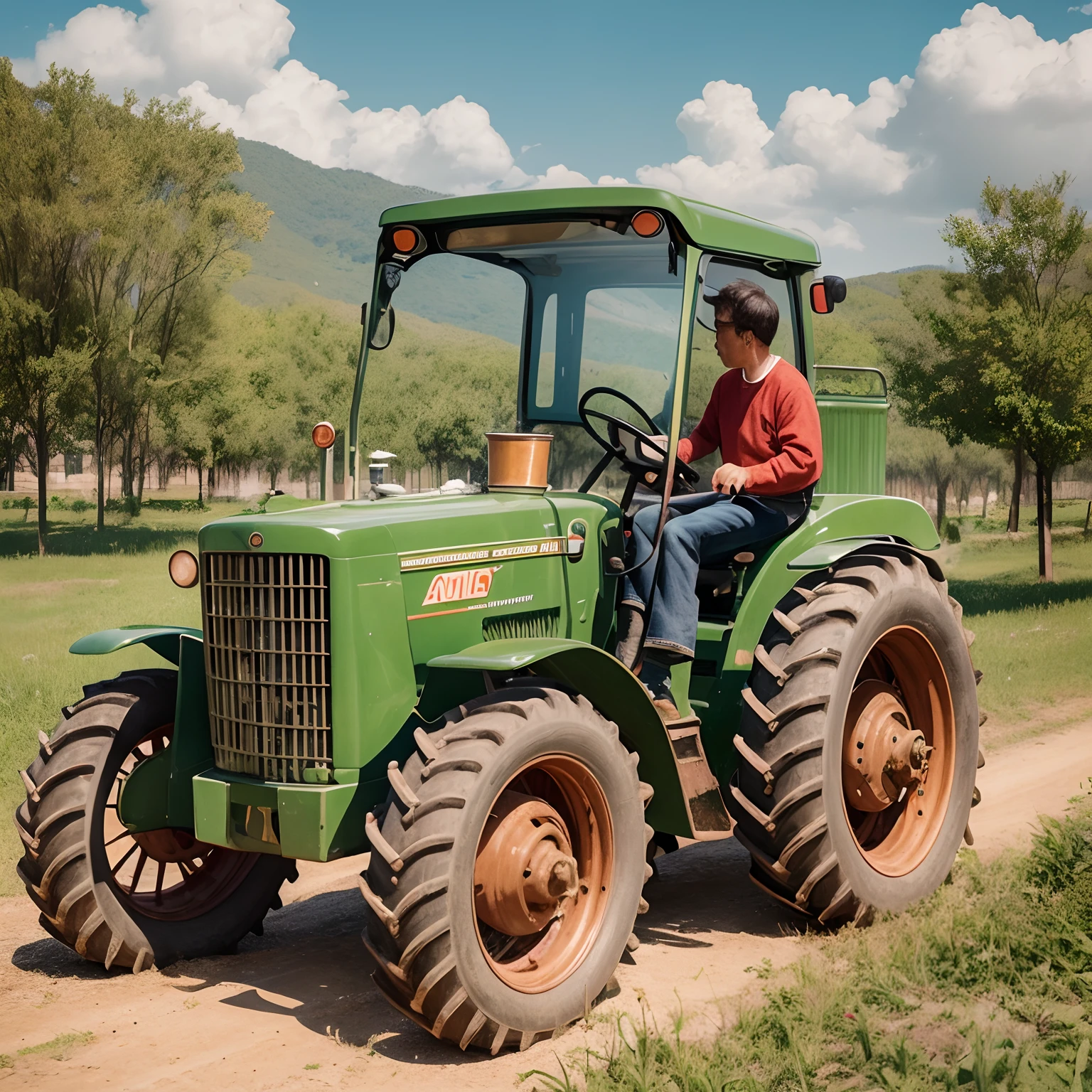 Vintage Pop Art Illustration - AR 5:7 --v 5.2 Best quality, Ultra-detailed, high resolution,There were three people eating hot pot on a tractor
