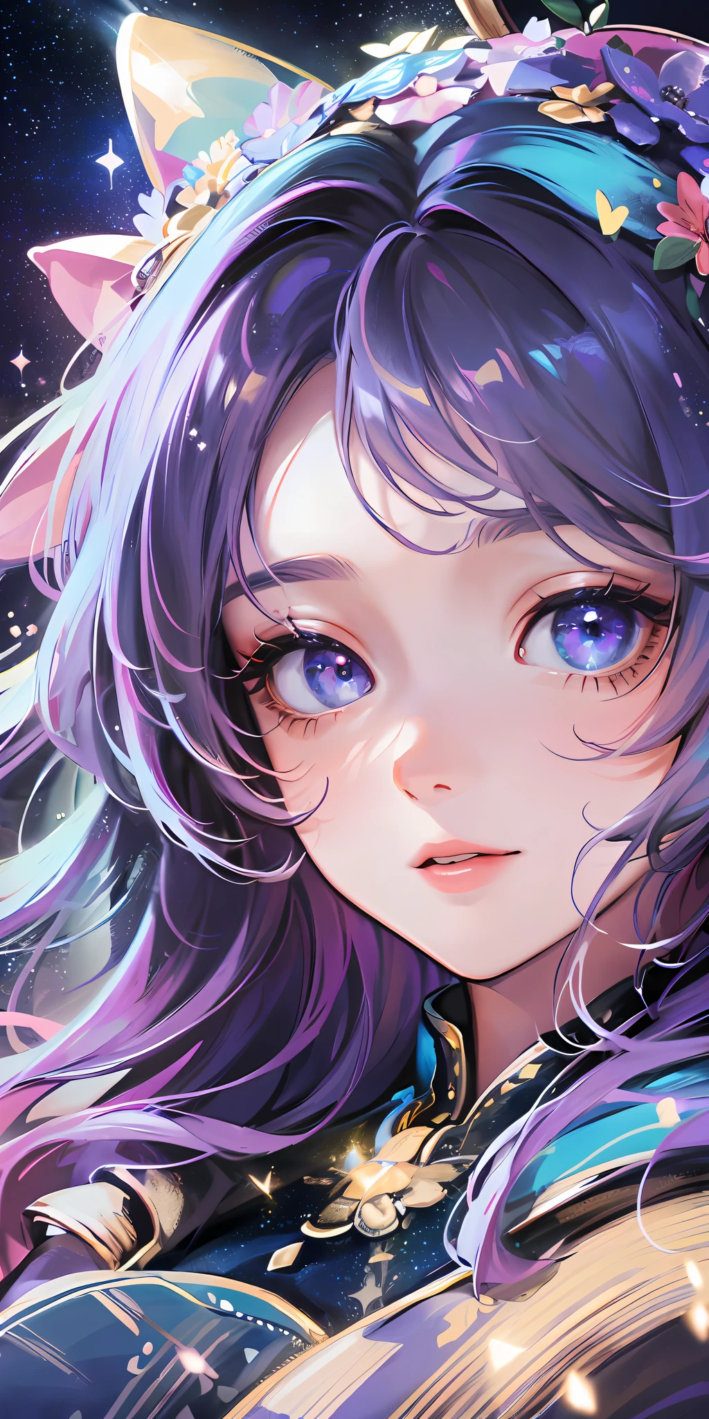 High detail, super detail, super high resolution, girl enjoying her time in the dream galaxy, surrounded by stars, warm light sprinkled on her, background is starry sky with colorful galaxies and galaxy clouds, stars flying around her, delicate face, adding playful atmosphere , --v6