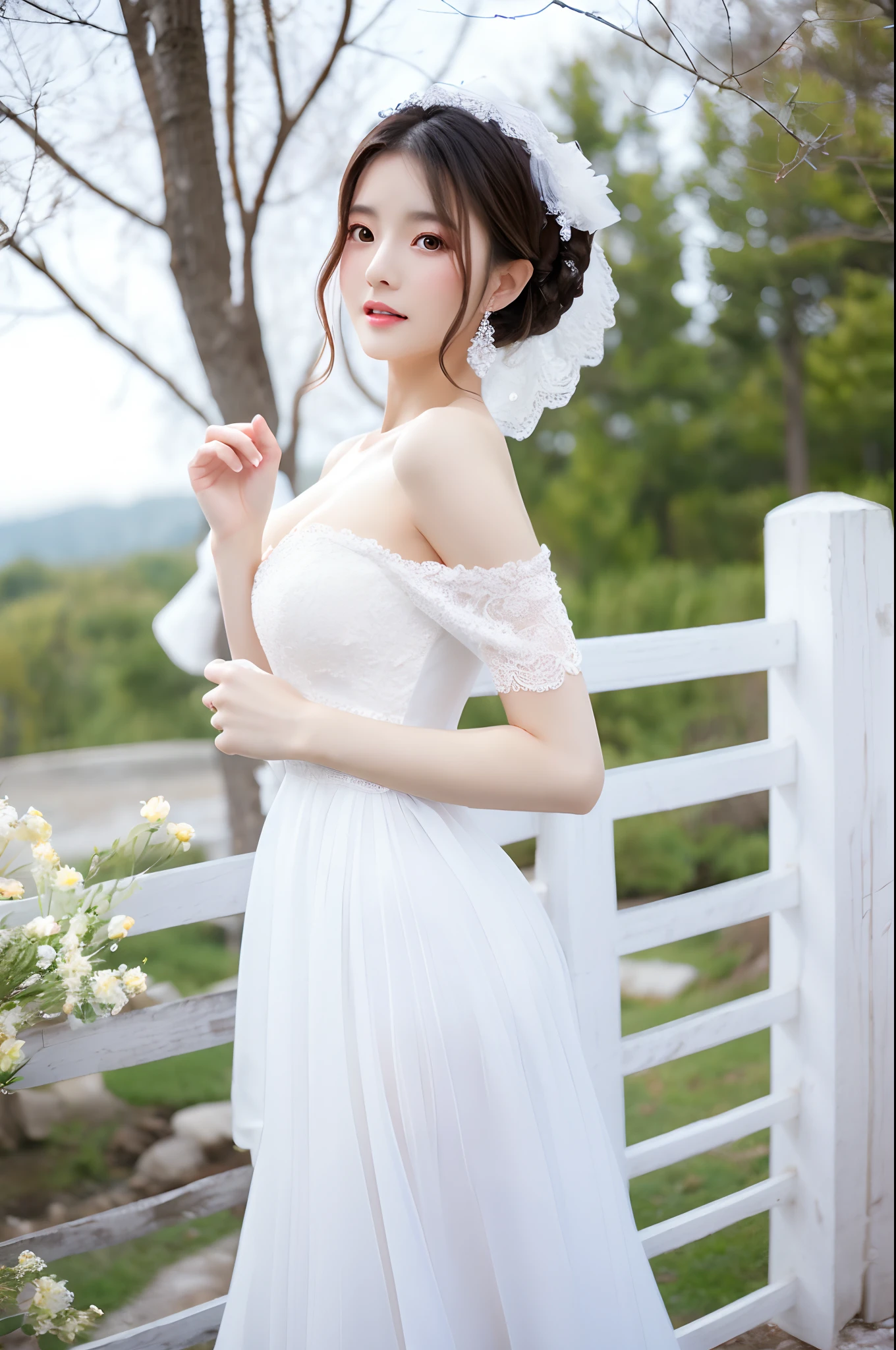 A woman in a wedding dress, gorgeous chinese models, Sexy dress, very attractive and beautiful, a beautiful woman in white aodai, very very beautiful woman, cleavage, Very beautiful woman, opened dress, beautiful and graceful, smooth white tight clothes suit,pale snow-white skin, Lovely woman