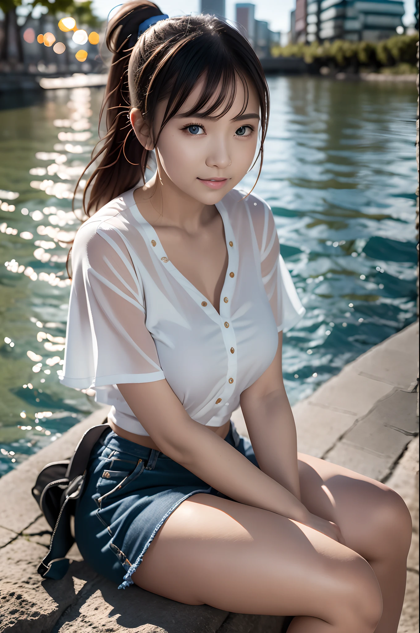 (highest quality, hight resolution, masterpiece:1.3) dusk, sunset, A girl, 19years old, short cut, ponytail, white shirt, White sneakers, denim miniskirt, realisitic, ultra-detailliert, Slimed, BREAK Sitting on the riverbank, with her cheeks in her hands, upper body, face focus, Look at viewers, A dark-haired, blue eyes, BREAK dynamic light and shadow, hight resolution, foco nítido, depth of fields, A detailed eye