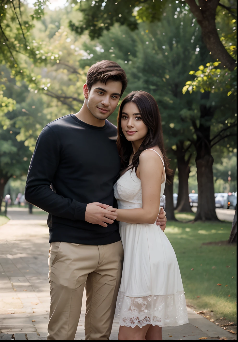 A couple standing under a tree in a park, couple pose, realistic picture, photorealistic!!!!!!!, romantic couple, lovely couple, couple portrait, the girl wearing sexy dress