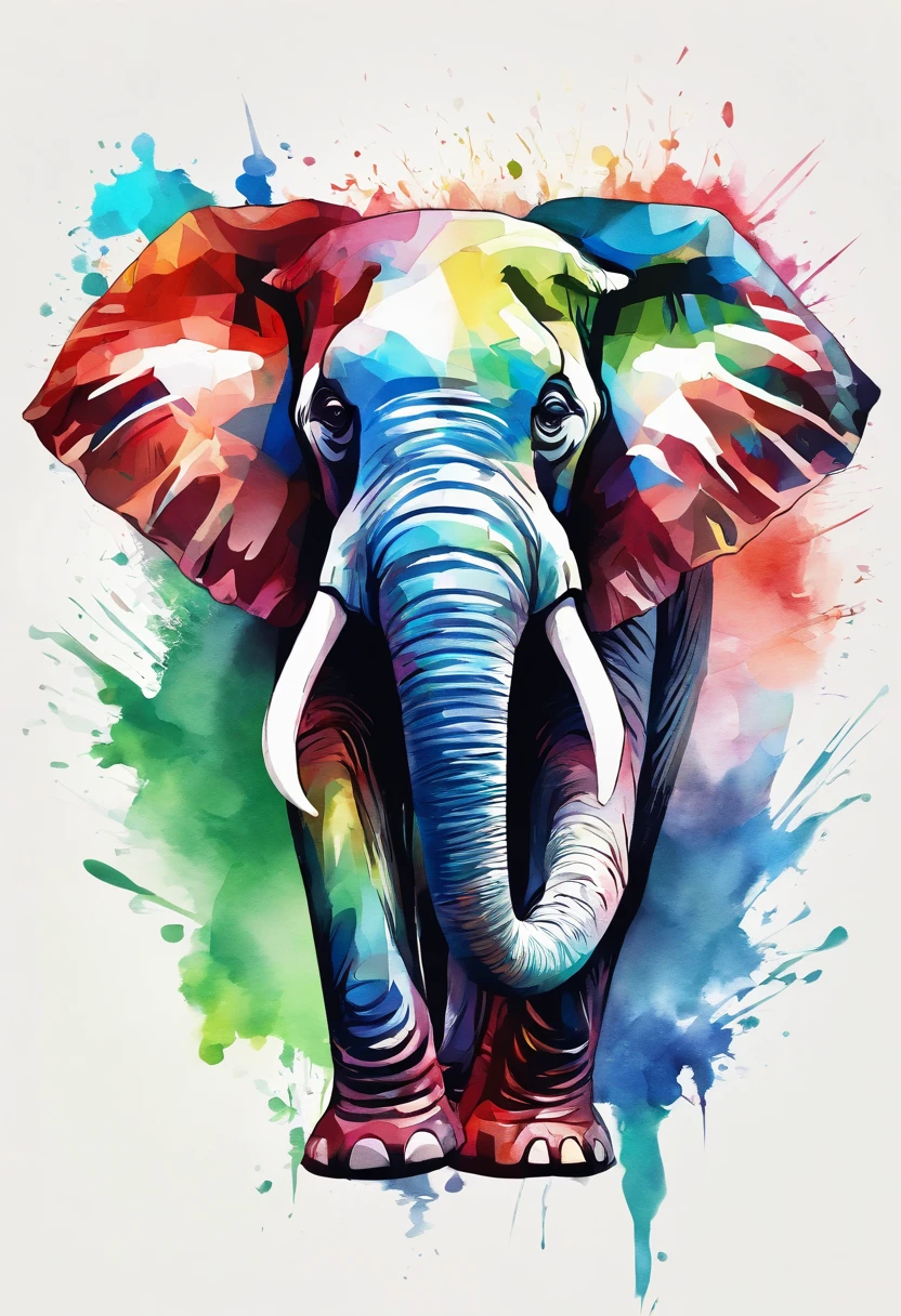 3d watercolor abstract,Dark background,High resolution,High quality,Colorful,Green,Red,Blue、Side view of a monotone elephant、silhuette、joy