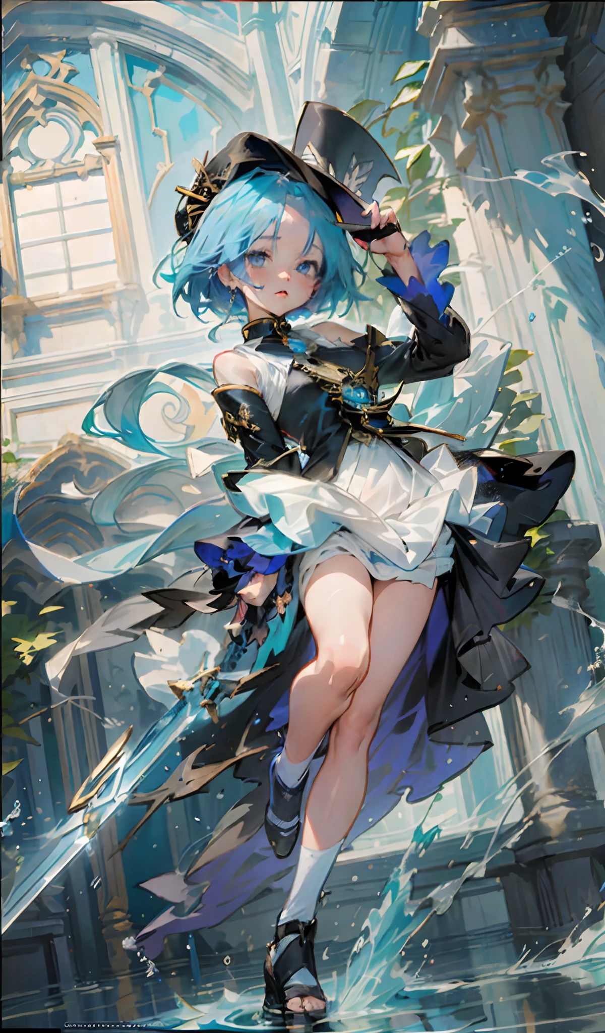 Finina, Water god，One in a blue dress，Woman in black hat holding a blue sword, Splash art anime Loli, Ayaka Genshin impact, Rem Rezero, Detailed key anime art, Beautiful celestial mage, Kushatt Krenz Key Art Women, Official anime artwork, Key anime art, high detailed official artwork,official character art, anime key visual of elegant，Delicate fingers