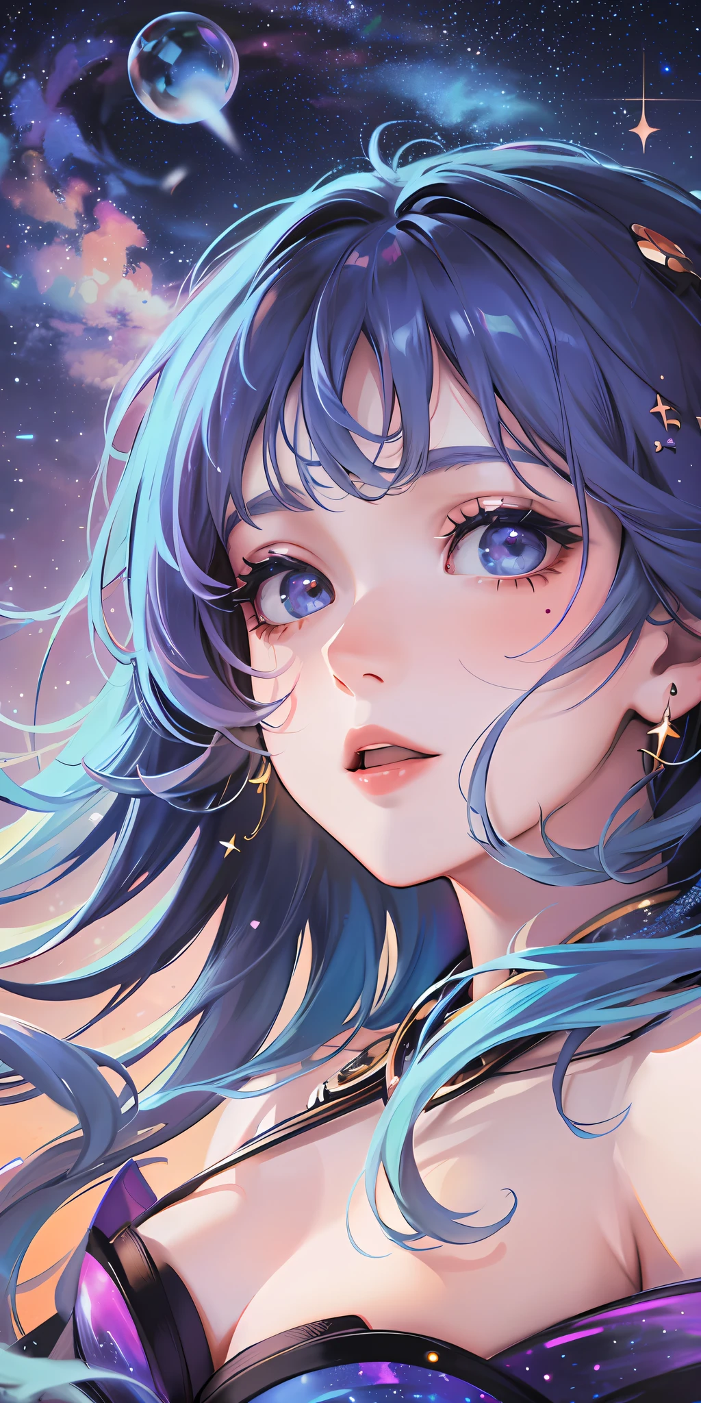 High detail, super detail, super high resolution, girl enjoying her time in the dream galaxy, surrounded by stars, warm light sprinkled on her, background is starry sky with colorful galaxies and galaxy clouds, stars flying around her, delicate face, adding playful atmosphere , --v6