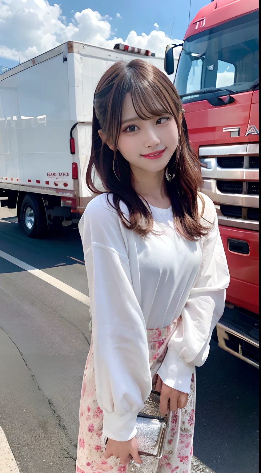 Raw photo、trailer、(Decoration Truck)、There are a lot of trucks behind me、girl with、Fashionable hairstyle、Idol、A smile、Sexy Outfit、