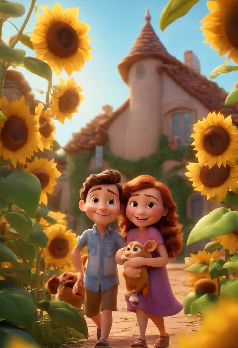 Create a Disney PIXAR-style 3D poster. ((centro da imagem, Triplets)), ((3 children)) ((1 menino no meio e 2 meninas ao lado, They're hugging each other, O menino tem pele castanha e cabelos castanhos escuros e olhos castanhos escuros, 1 menina tem pele clara, olhos e cabelos escuros e cacheados, e a outra menina tem pele morena, olhos escuros e cabelos escuros e lisos)) ((tudo isso no estilo Disney PIXAR 3D, In the background, A house of sunflowers, Gloria Studio, The garden is full of nature 3D render RTX clay material, estilo de design cartunesco, POP Mart, soft lighting, linhas suaves, Spring tilt, Detailed illustrations of PIXAR 3D, Detalhes hiper-realistas, cor quente no estilo Disney PIXAR 3D))
