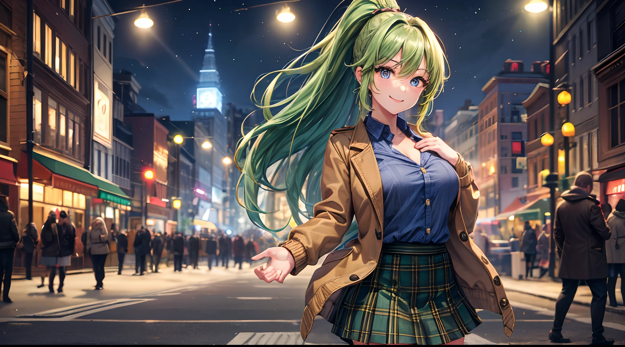 1girl, solo, full body, christmas, christmas tree, street, night, lights, giving gift, long hair, green hair, ponytail, large breasts, button down, ((opened brown short jacket)), dark blue eyes, ((blue shirt)), checked shirt, ((mini skirt)), smile, looking at the viewer, standing