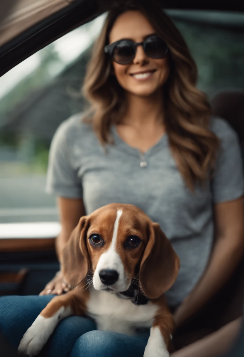 Pixar. Casal com um filhote de cachorro beagle marrom. A menina tem os cabelos loiros amarrados, Camiseta cinza e jeans claro, white glasses. O menino de cabelos pretos com cabelos grisalhos, barba pequena, oculos, Dark blue jeans and gray t-shirt. They are both smiling and are 40 years old