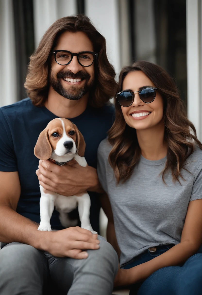 Pixar. Casal com um filhote de cachorro beagle marrom. A menina tem os cabelos loiros amarrados, Camiseta cinza e jeans claro, white glasses. O menino de cabelos pretos com cabelos grisalhos, barba pequena, oculos, Dark blue jeans and gray t-shirt. They are both smiling and are 40 years old