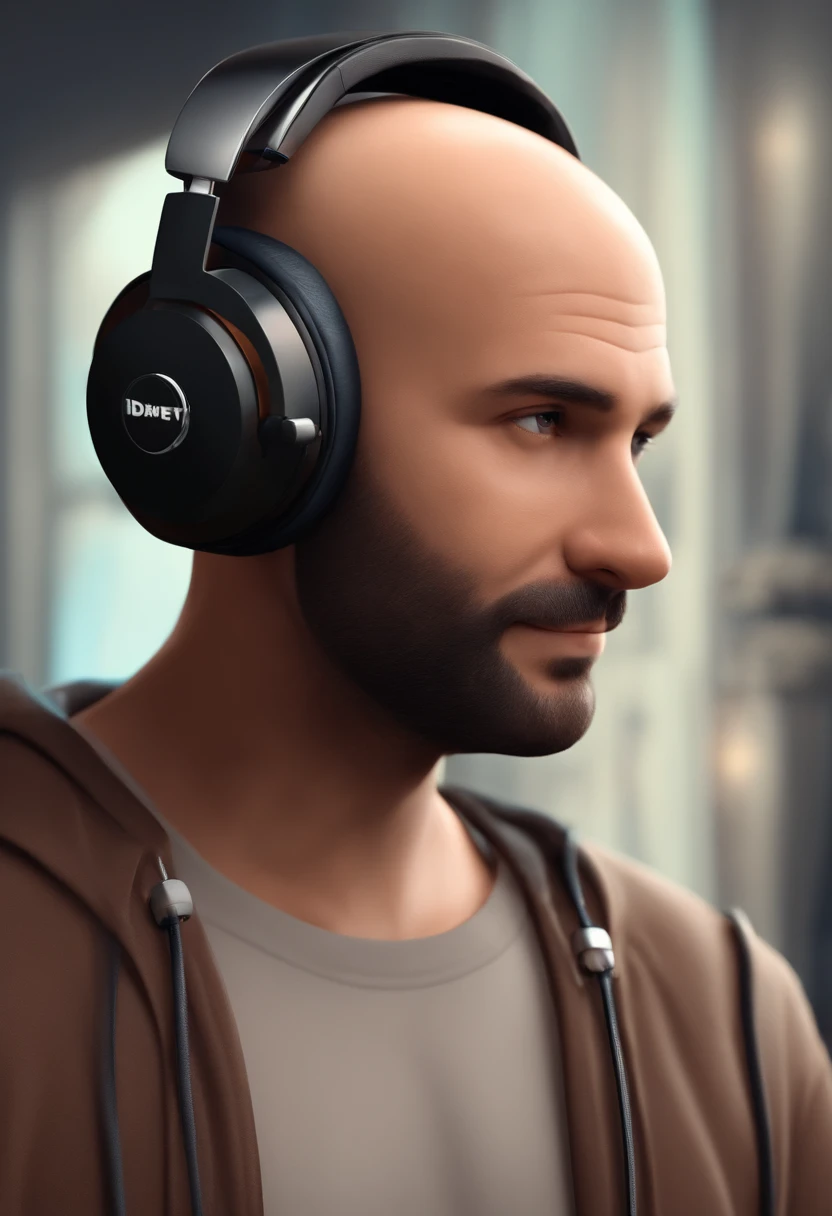 A Man, Bald, short beard, Brown eyes, With headphones, Radio Studio, Pixar-esque imagery, 3D Animated Movie Style, by disney, Black T-shirt