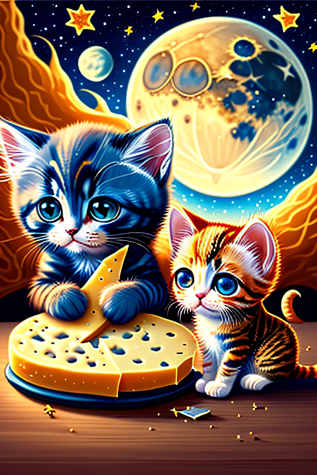 A realistic cute kitten and a monkey play putting on dresses, they also eat cheese and look at the moon and the beautifull galaxy