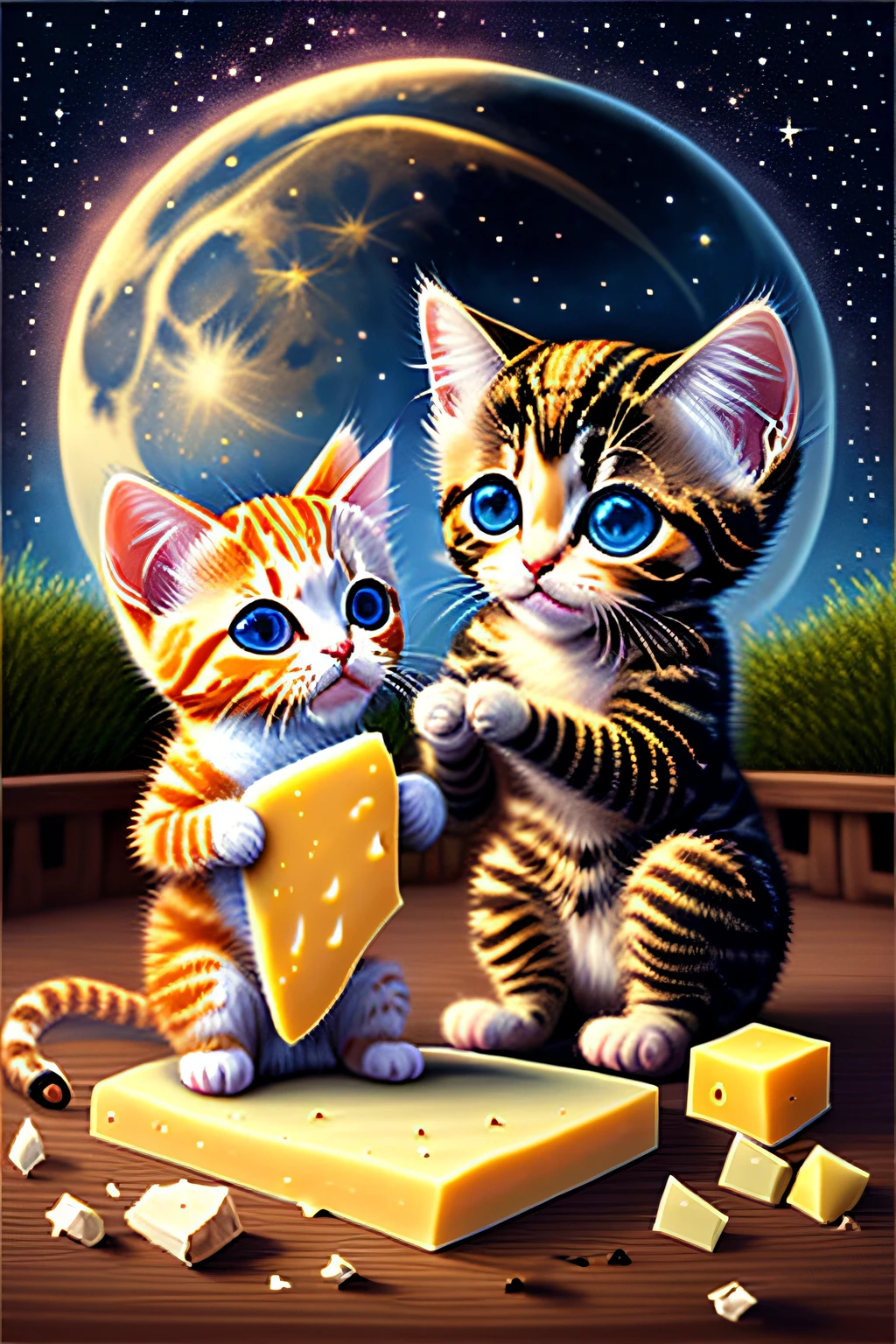 A realistic cute kitten and a monkey play putting on dresses, they also eat cheese and look at the moon and the beautifull galaxy