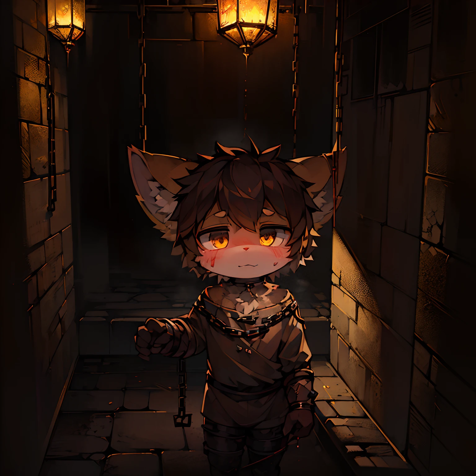 Super high resolution, detailed background, Kemoshota, innocent kindergarten boy, naked, tail, crying, embarrassed, collar, vault, jail, bound, dark, candle light, underground, punishment, pelvic thrusts, close-up, nipples, micro penis,  flaccid small tiny phimosis dick, tiny foreskin, 